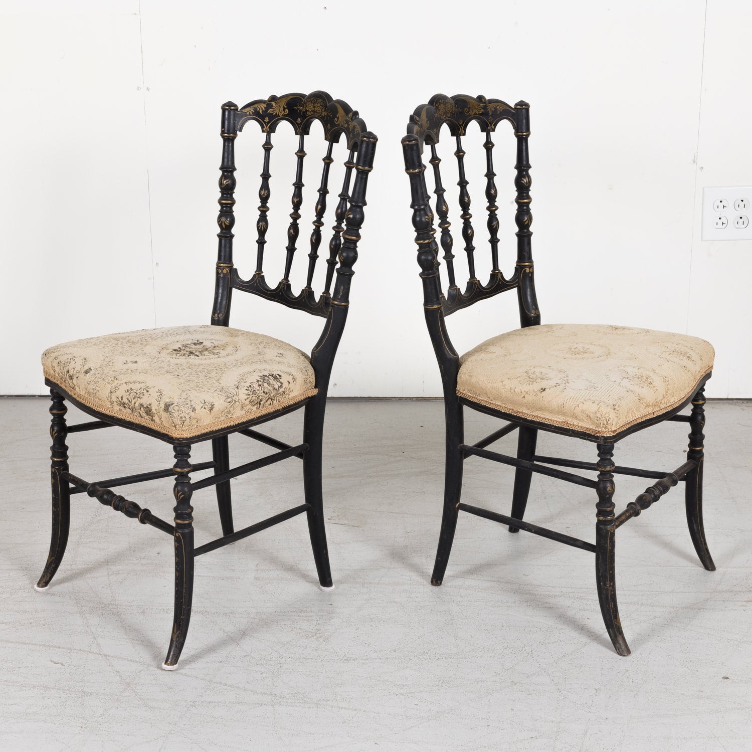 SOLD Pair of Chinoiserie Faux Bamboo Opera Chairs with Velvet Seat from Paris
