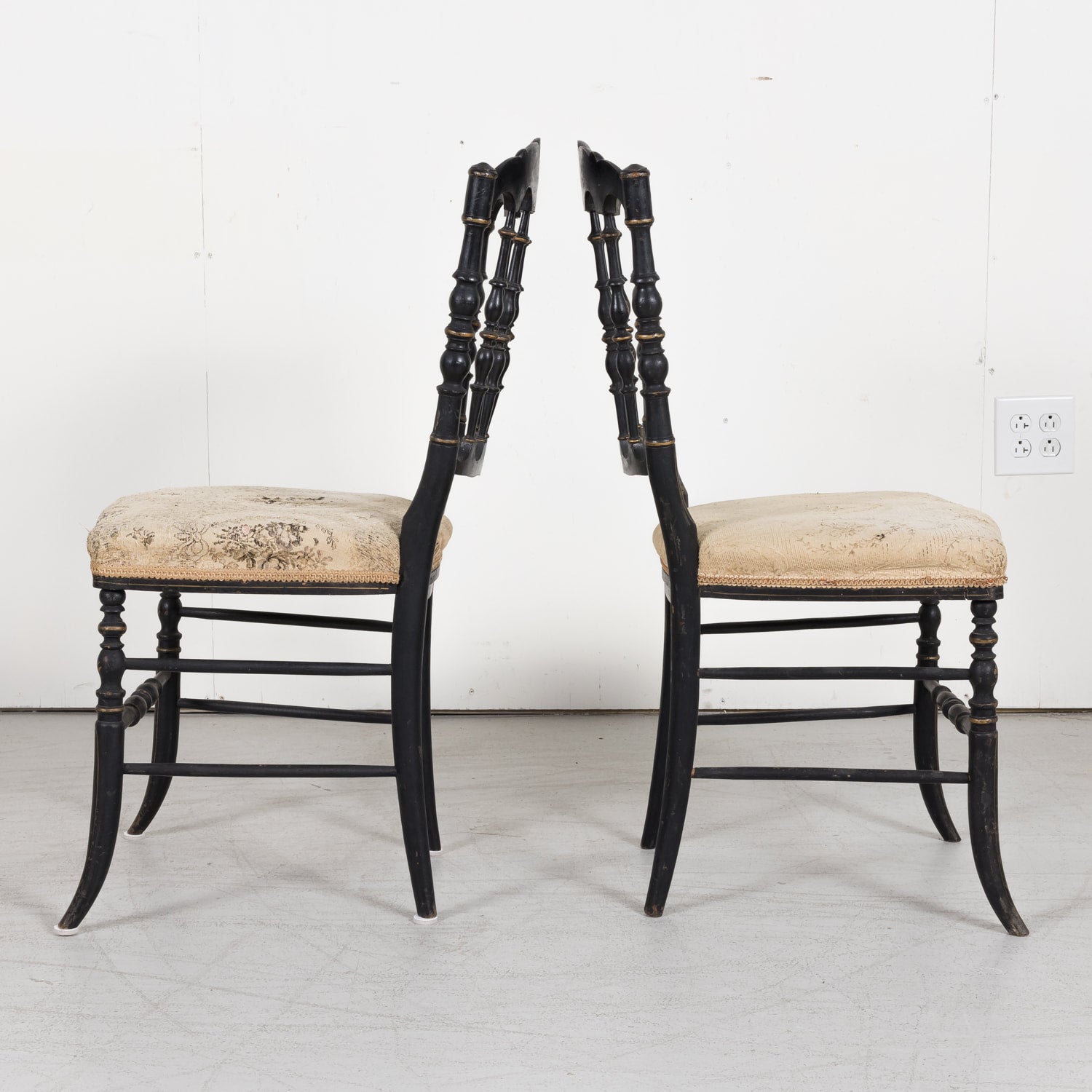 SOLD Pair of Chinoiserie Faux Bamboo Opera Chairs with Velvet Seat from Paris