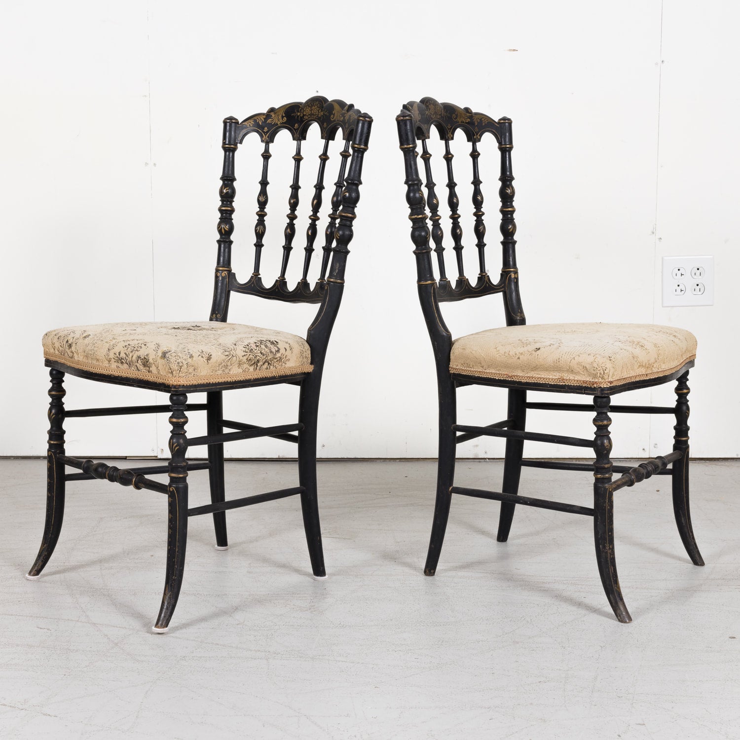 SOLD Pair of Chinoiserie Faux Bamboo Opera Chairs with Velvet Seat from Paris
