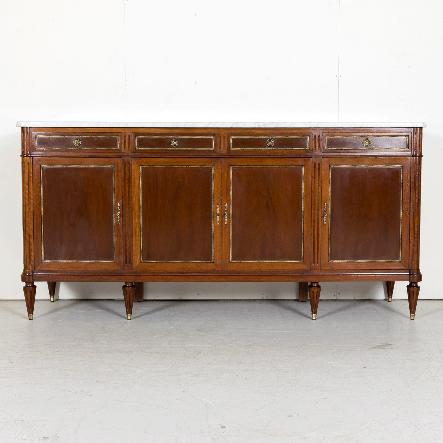 Early 20th Century French Louis XVI Style Mahogany Enfilade Buffet with White Carrara Marble Top
