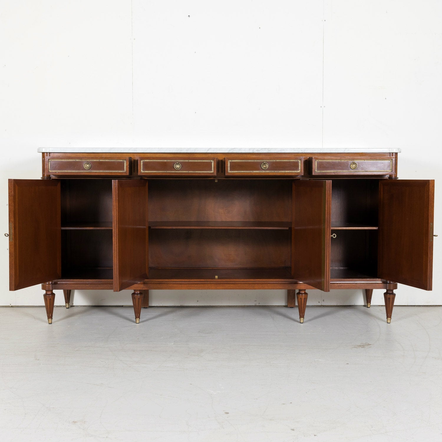 Early 20th Century French Louis XVI Style Mahogany Enfilade Buffet with White Carrara Marble Top