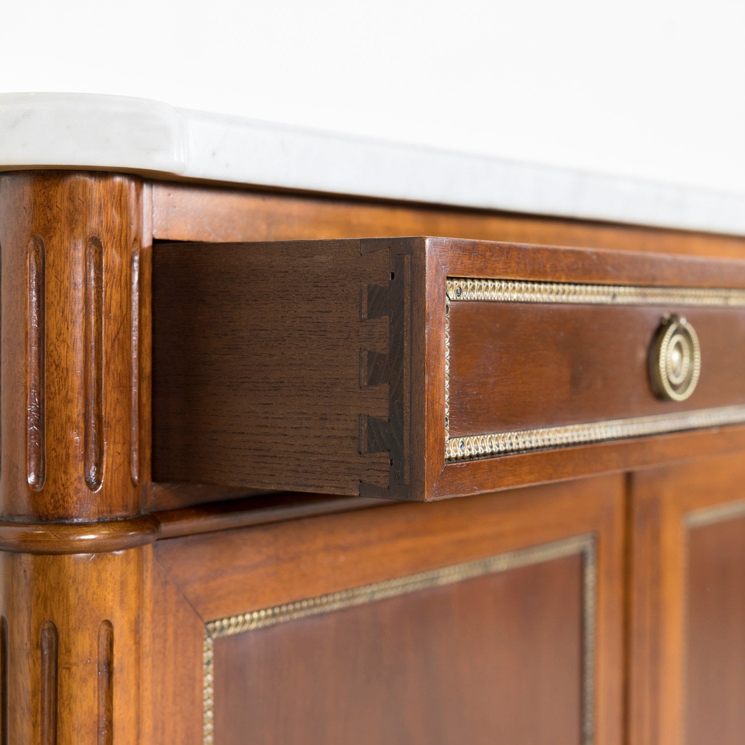 Early 20th Century French Louis XVI Style Mahogany Enfilade Buffet with White Carrara Marble Top