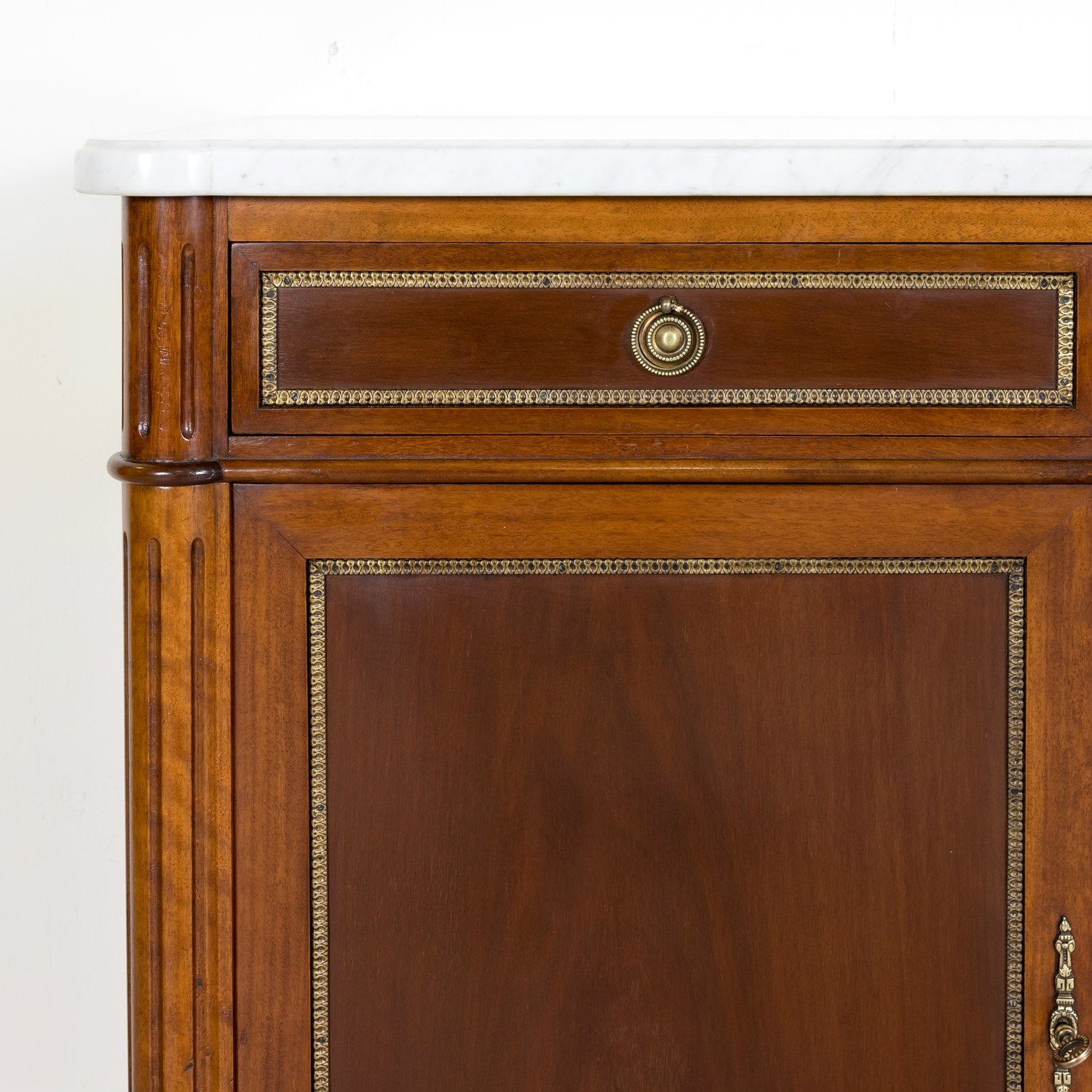 Early 20th Century French Louis XVI Style Mahogany Enfilade Buffet with White Carrara Marble Top