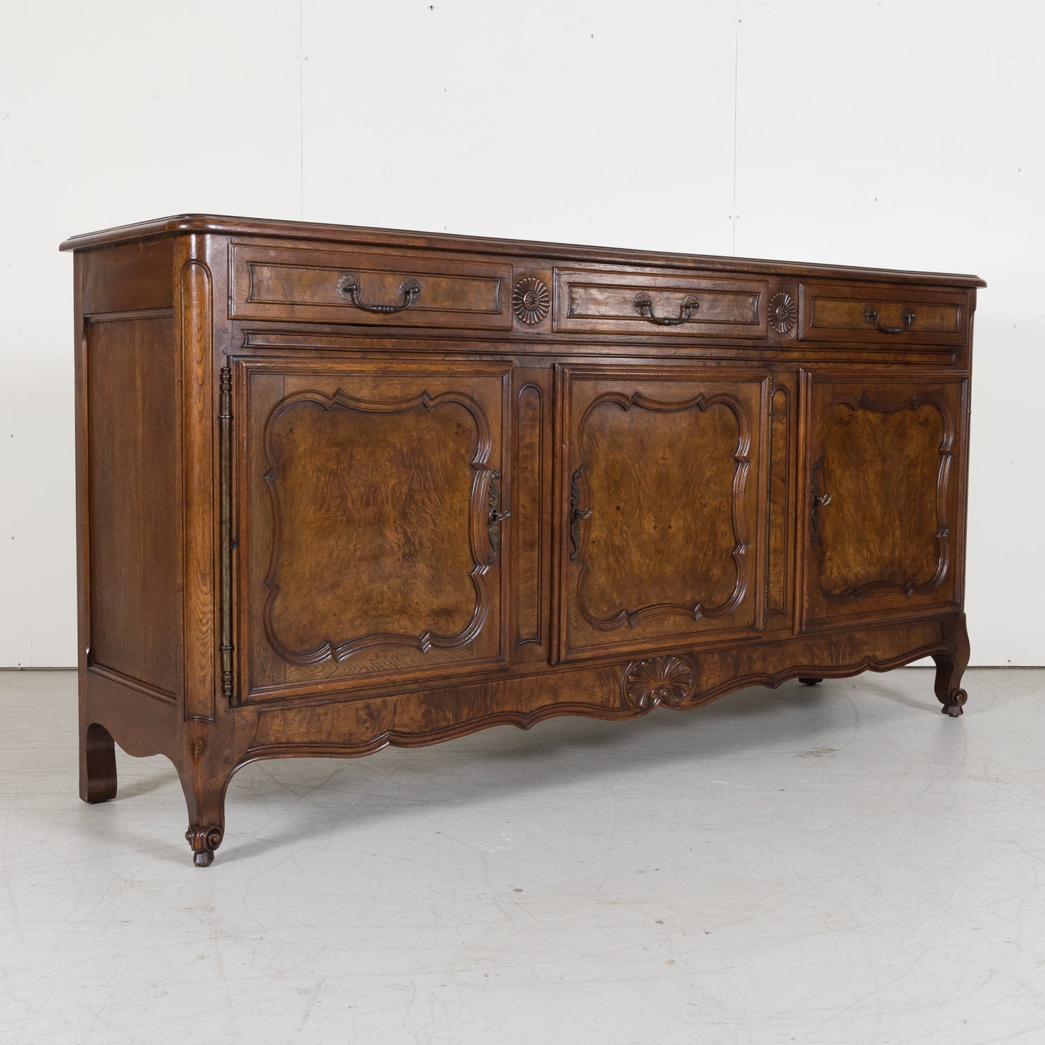 Oak and Burled Walnut Louis XV Enfilade Buffet from Bresse, France