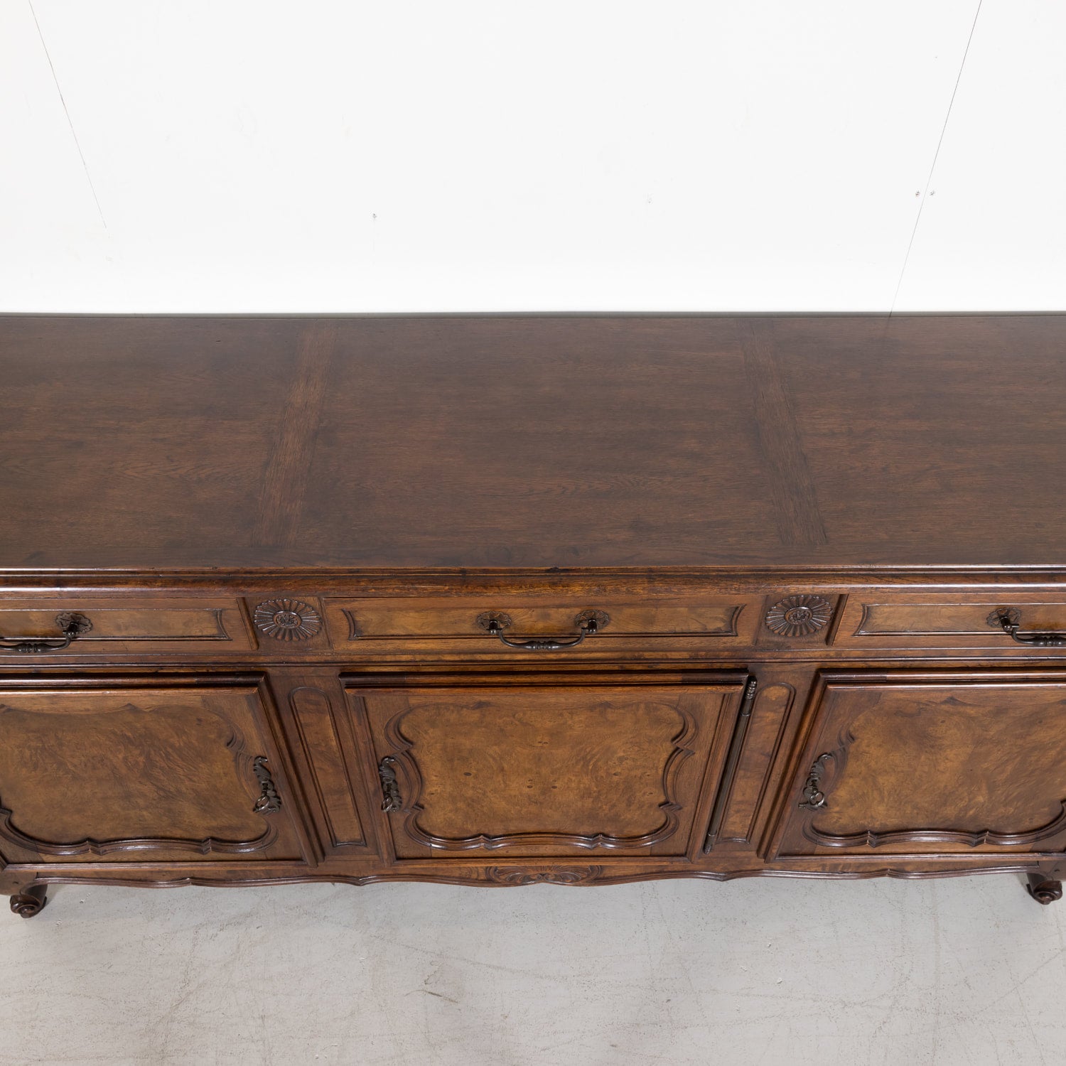 Oak and Burled Walnut Louis XV Enfilade Buffet from Bresse, France