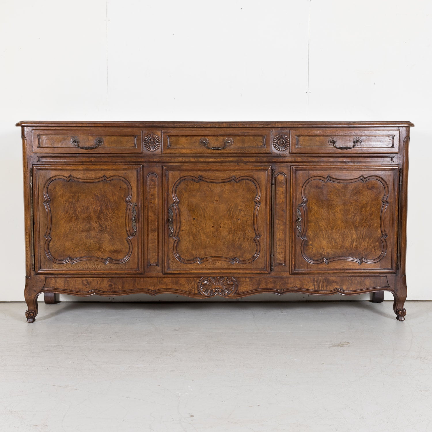 Oak and Burled Walnut Louis XV Enfilade Buffet from Bresse, France