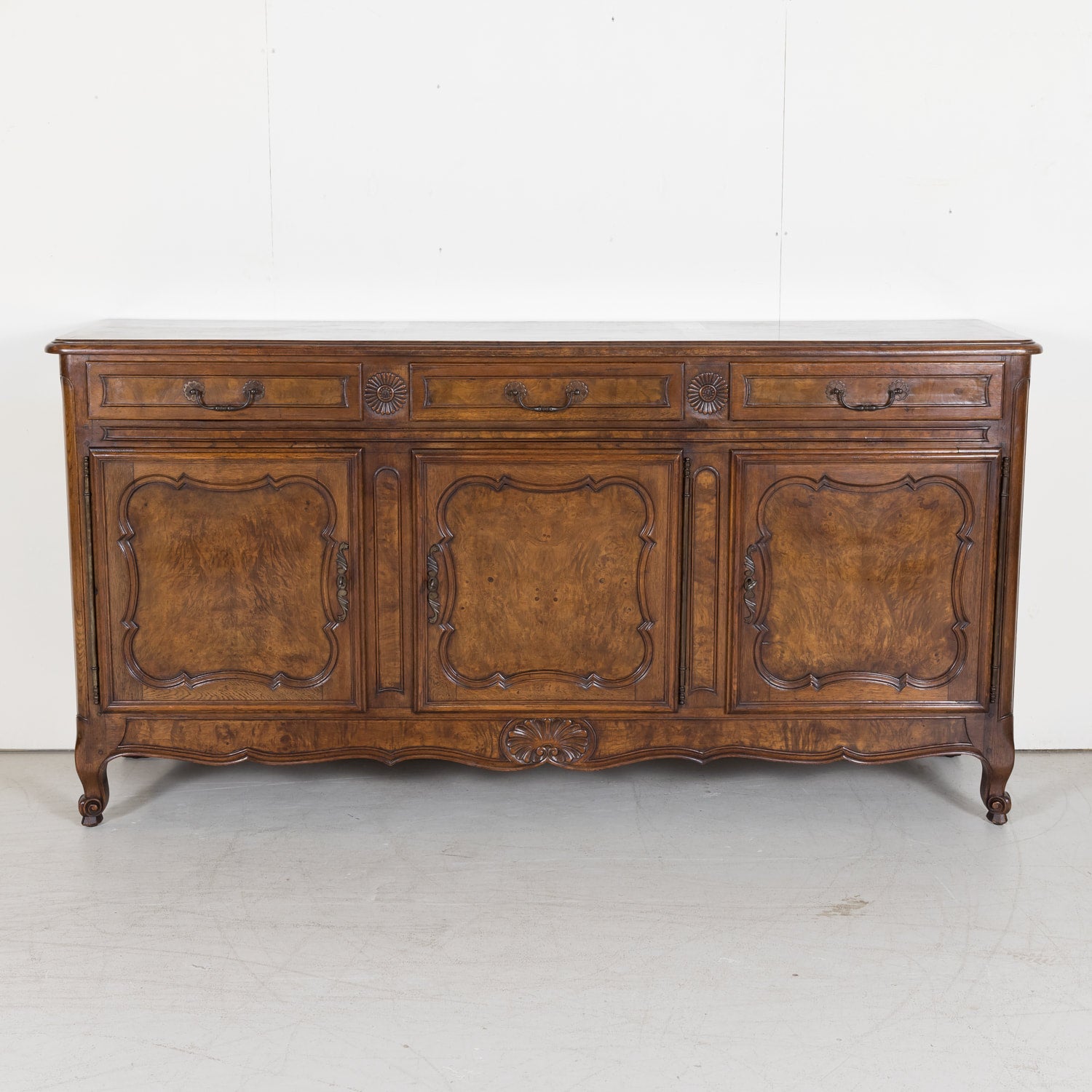Oak and Burled Walnut Louis XV Enfilade Buffet from Bresse, France