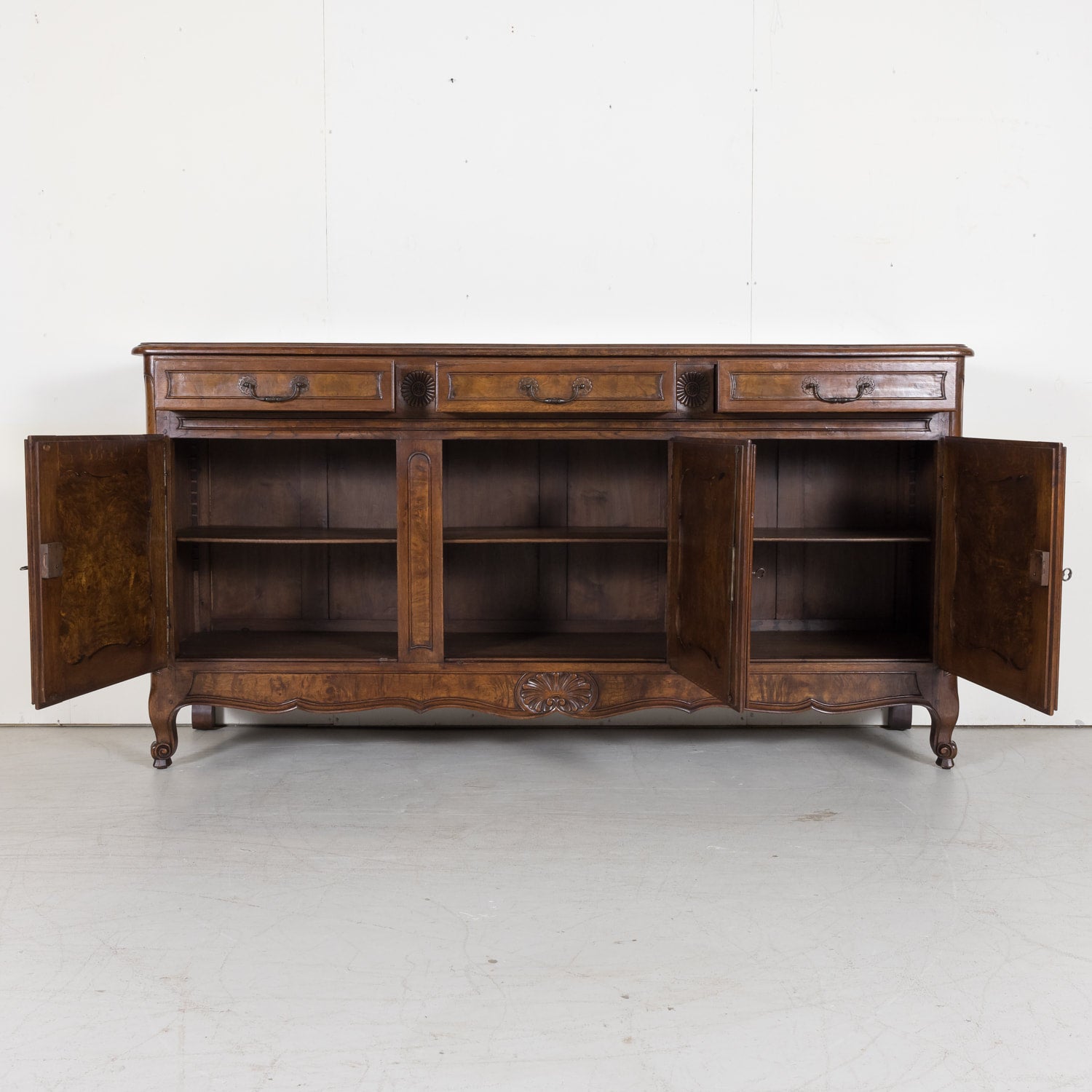 Oak and Burled Walnut Louis XV Enfilade Buffet from Bresse, France