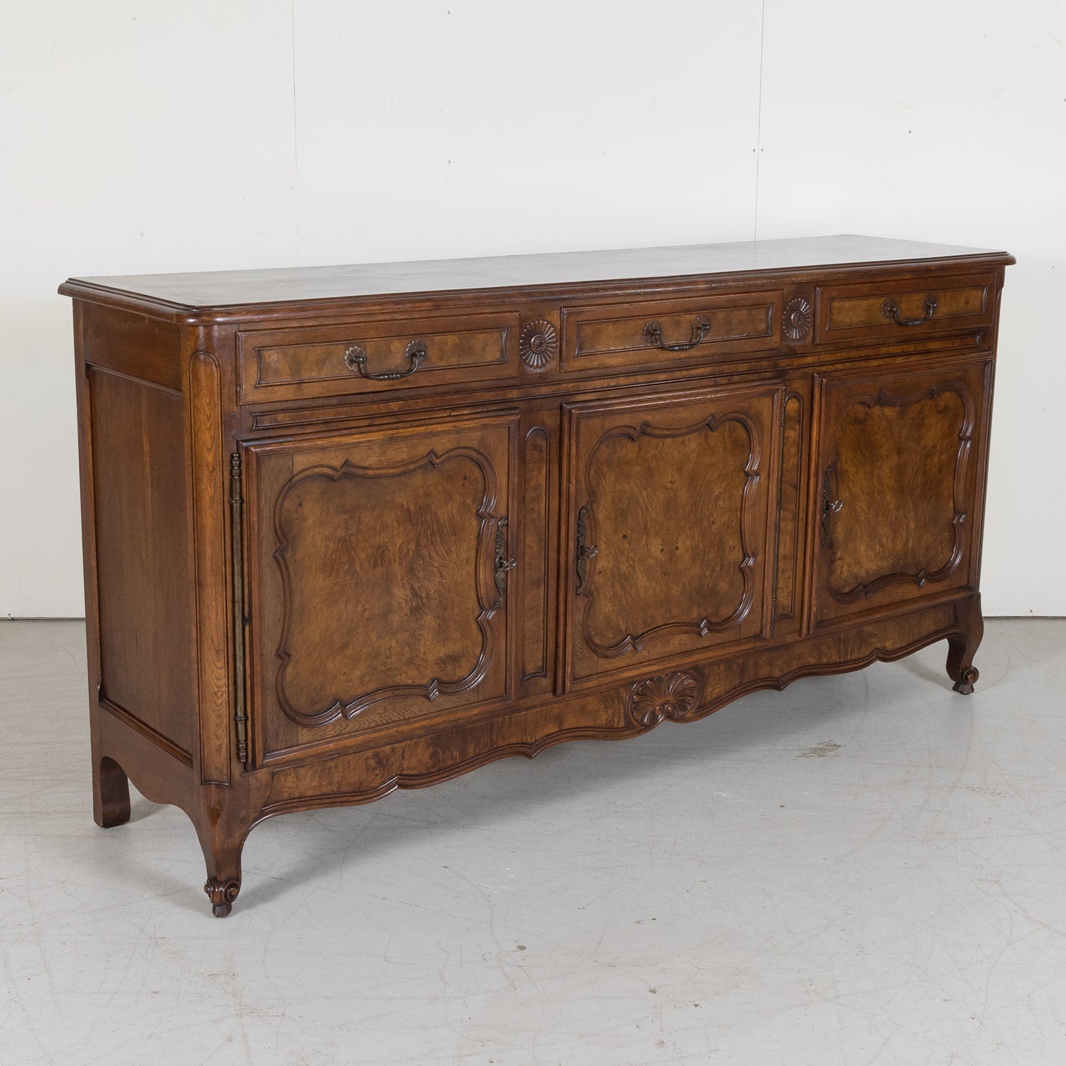 Oak and Burled Walnut Louis XV Enfilade Buffet from Bresse, France