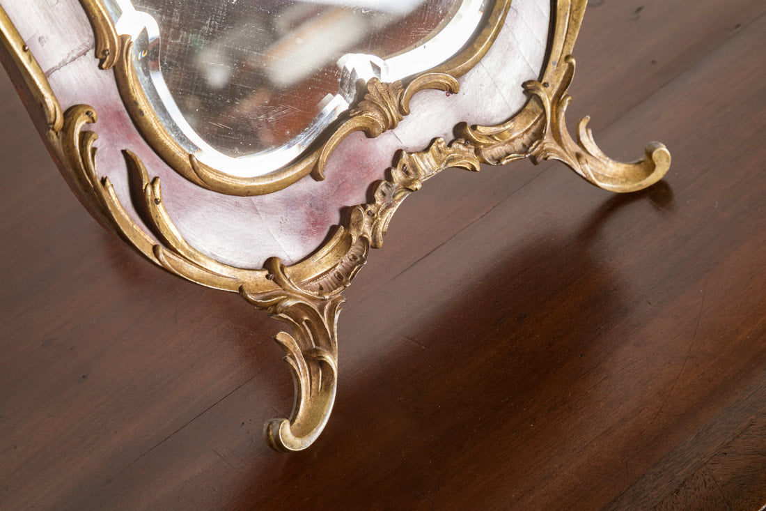 19th Century French Rococo Style Red Tortoise Shell and Gilt Bronze ​Footed Vanity Mirror