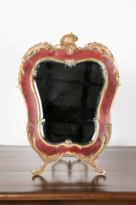 19th Century French Rococo Style Red Tortoise Shell and Gilt Bronze ​Footed Vanity Mirror