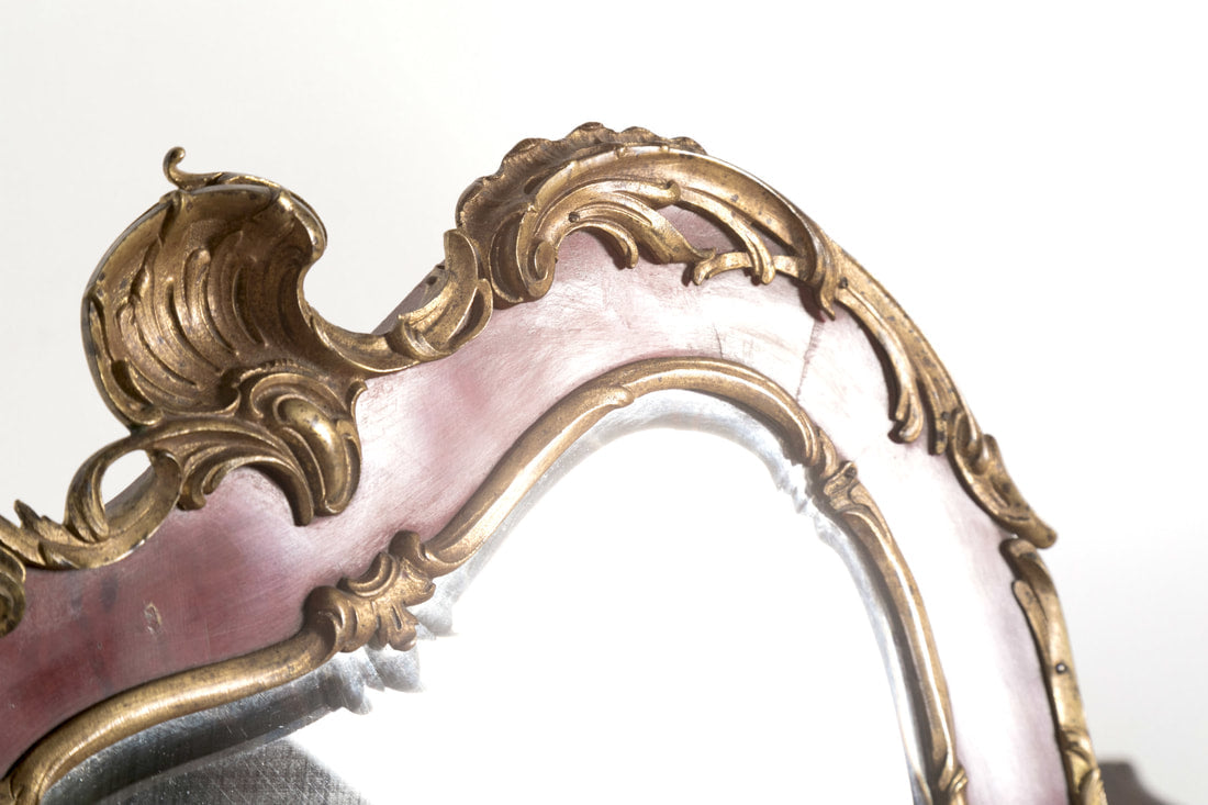 19th Century French Rococo Style Red Tortoise Shell and Gilt Bronze ​Footed Vanity Mirror