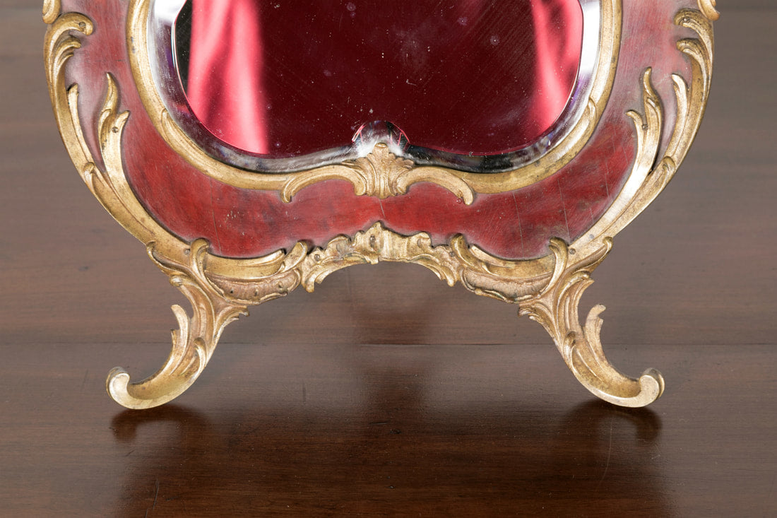 19th Century French Rococo Style Red Tortoise Shell and Gilt Bronze ​Footed Vanity Mirror