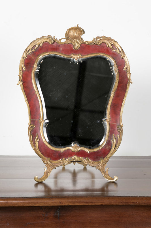 19th Century French Rococo Style Red Tortoise Shell and Gilt Bronze ​Footed Vanity Mirror