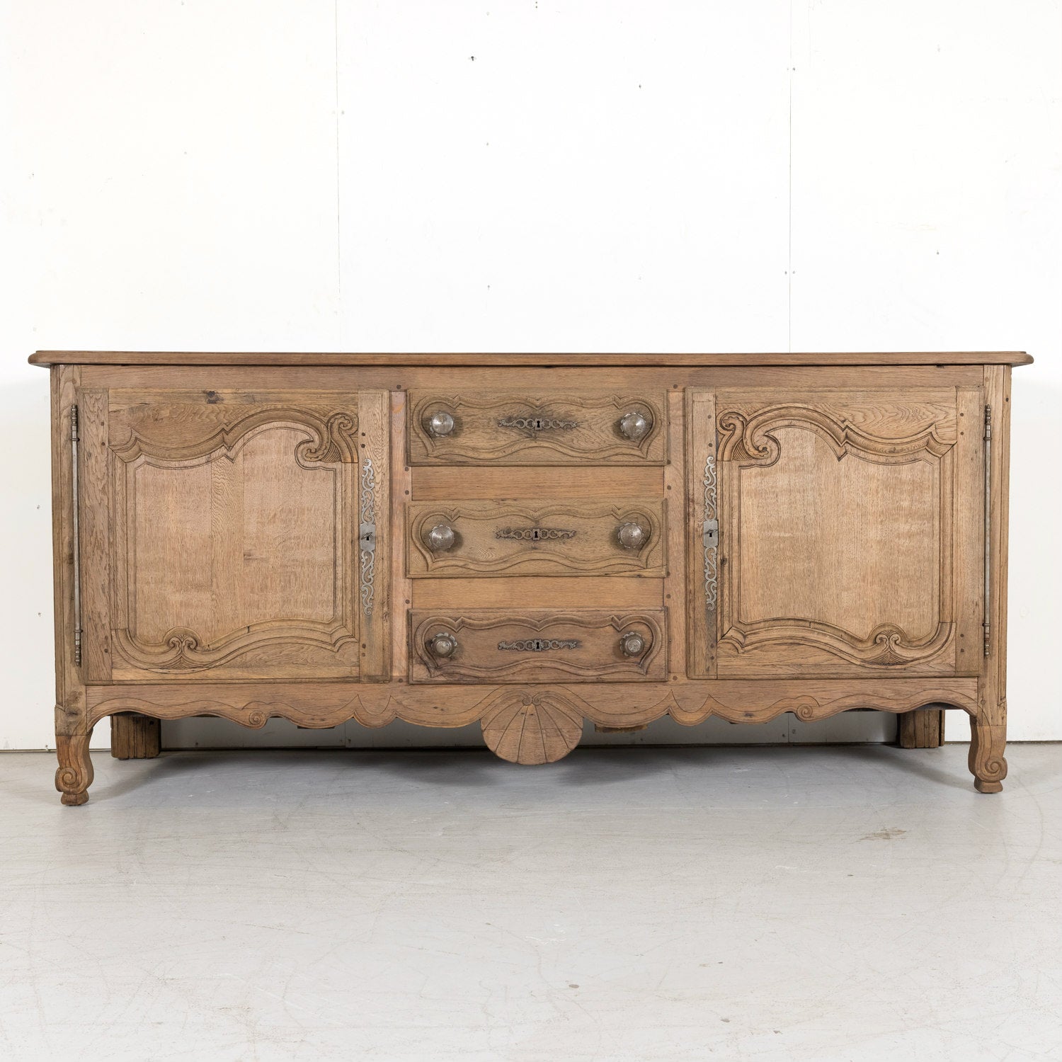 19th Century Carved French Country Louis XV Style Bleached Oak Enfilade Buffet