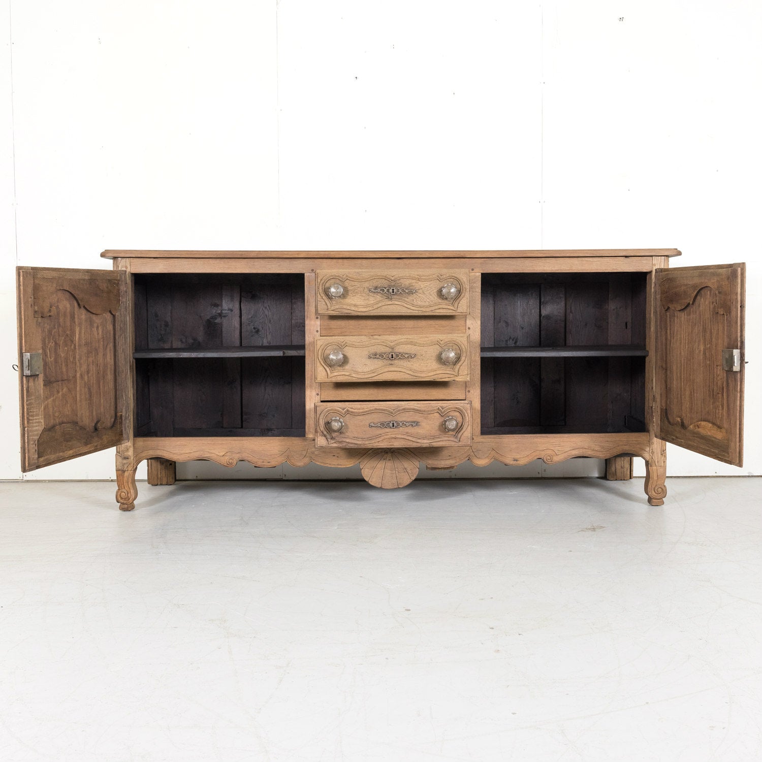 19th Century Carved French Country Louis XV Style Bleached Oak Enfilade Buffet