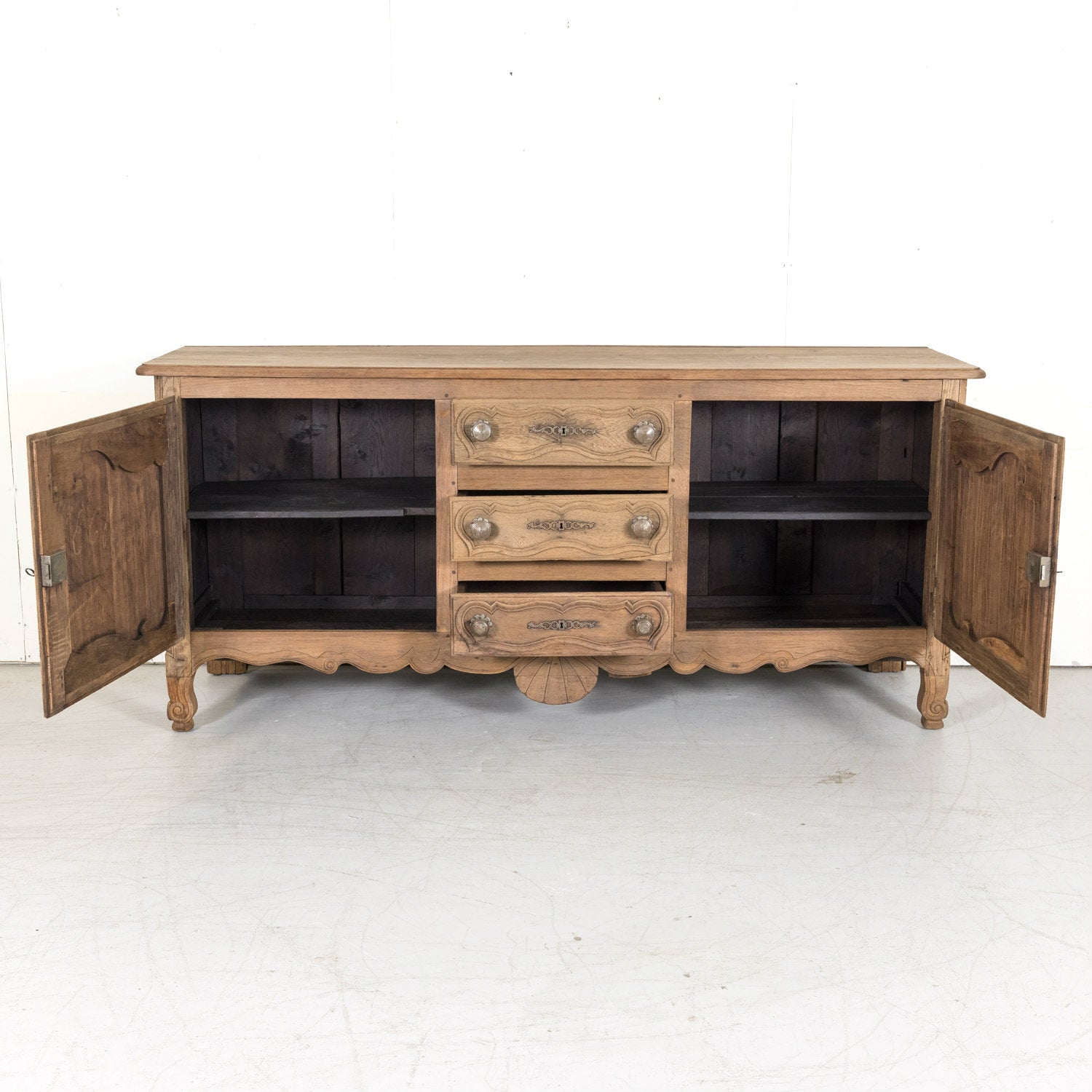 19th Century Carved French Country Louis XV Style Bleached Oak Enfilade Buffet