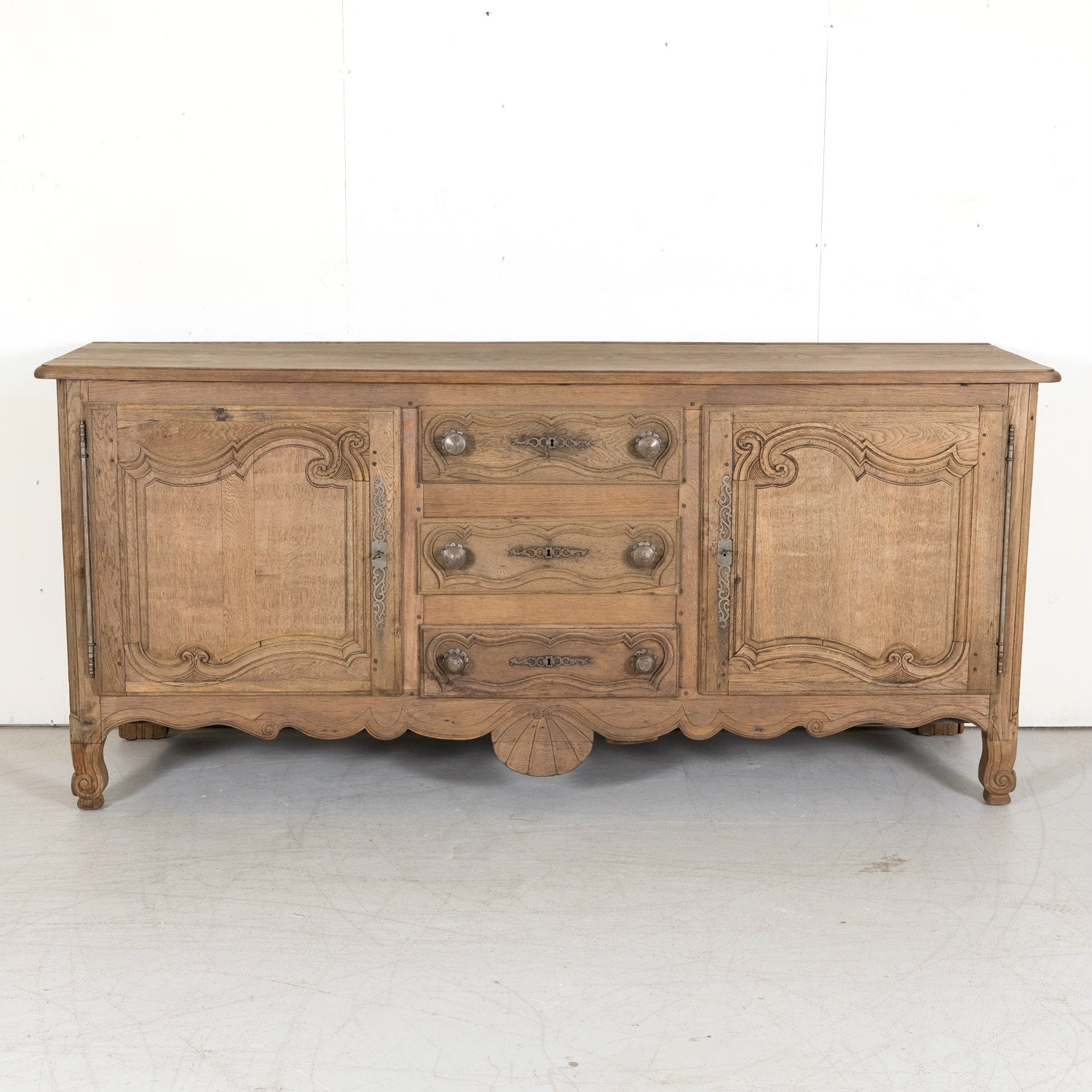 19th Century Carved French Country Louis XV Style Bleached Oak Enfilade Buffet