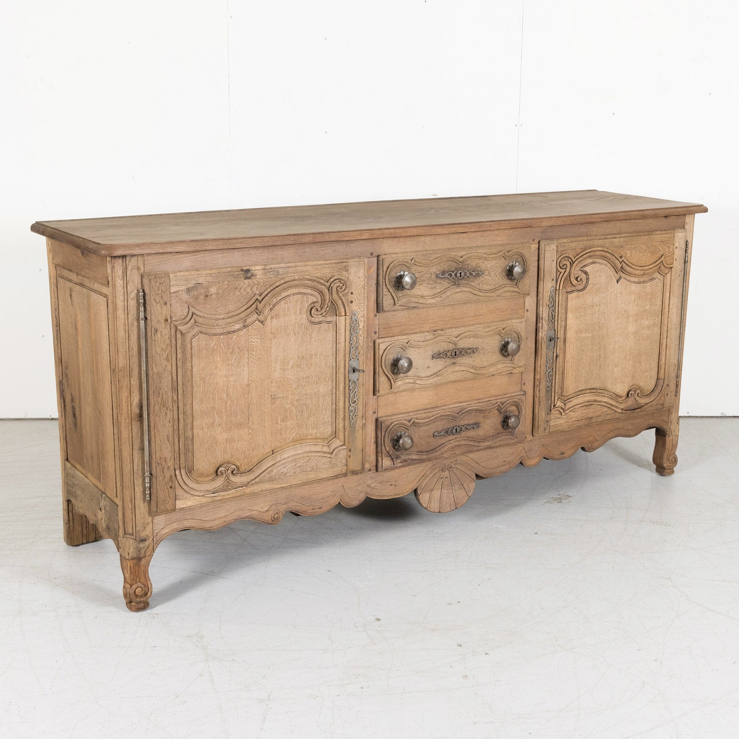 19th Century Carved French Country Louis XV Style Bleached Oak Enfilade Buffet