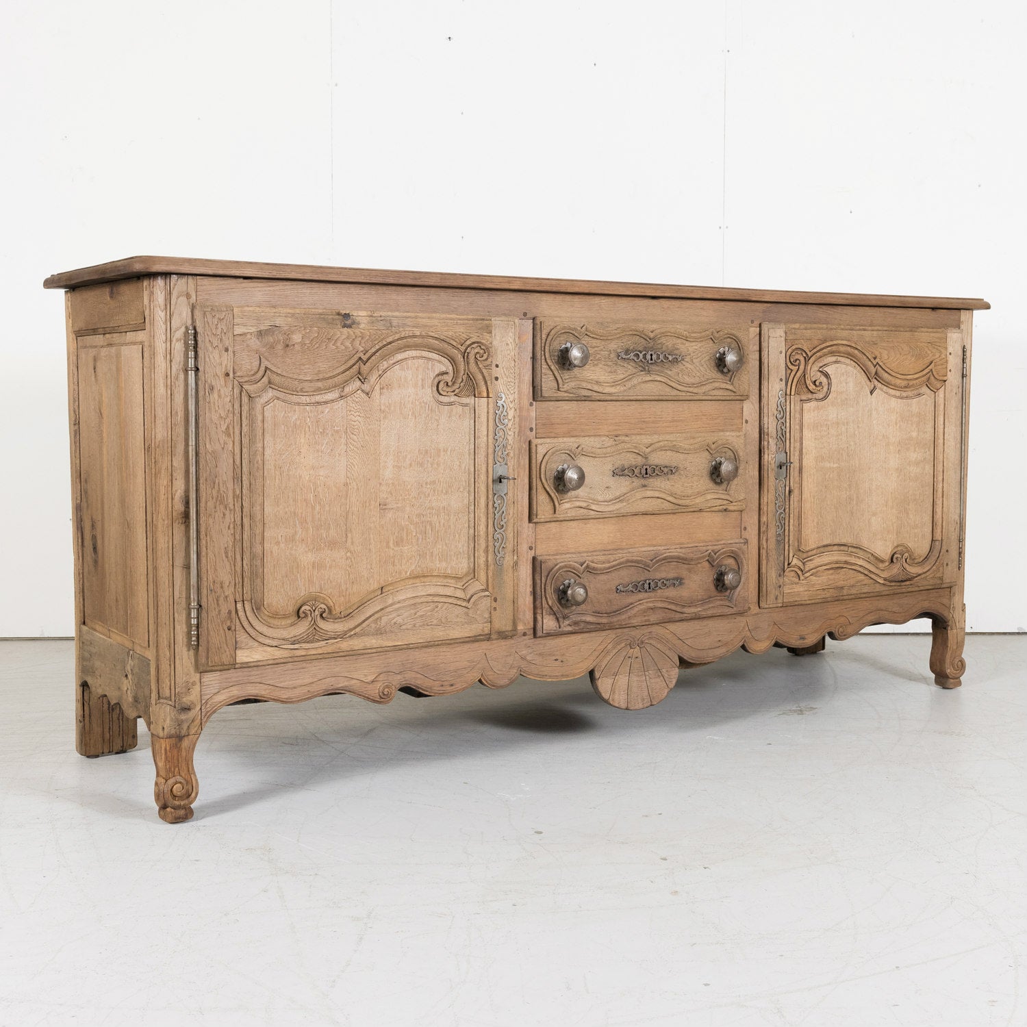 19th Century Carved French Country Louis XV Style Bleached Oak Enfilade Buffet