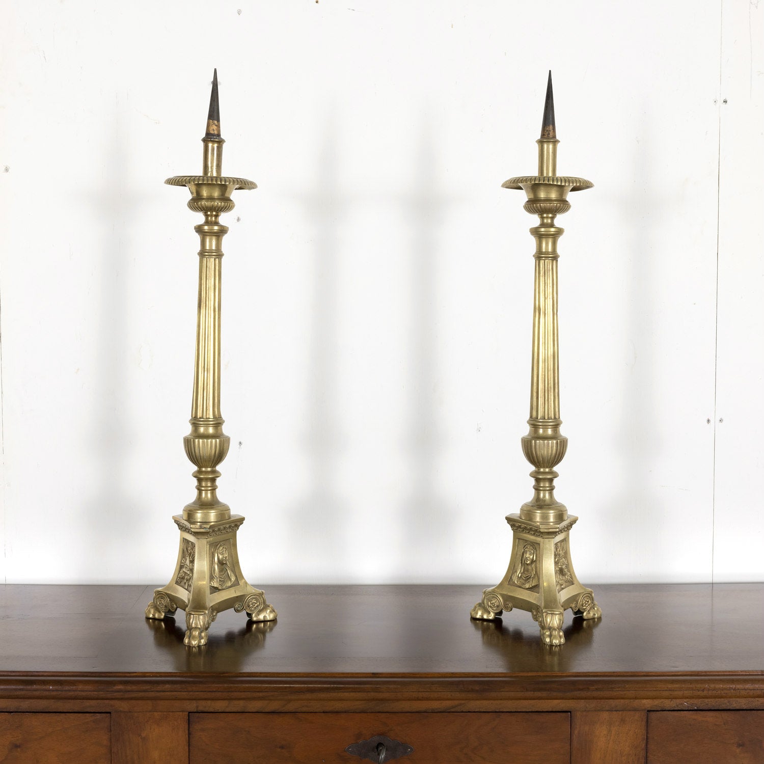 Large Pair of 19th Century French Solid Brass Altar Prickets or Candlesticks