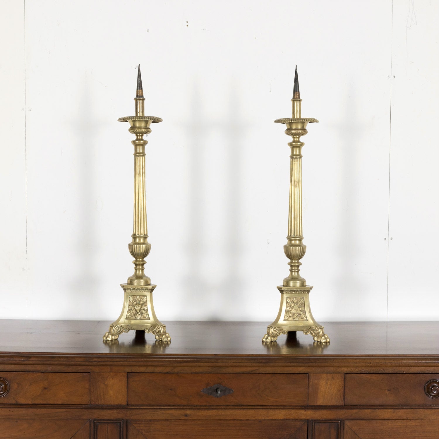 Large Pair of 19th Century French Solid Brass Altar Prickets or Candlesticks