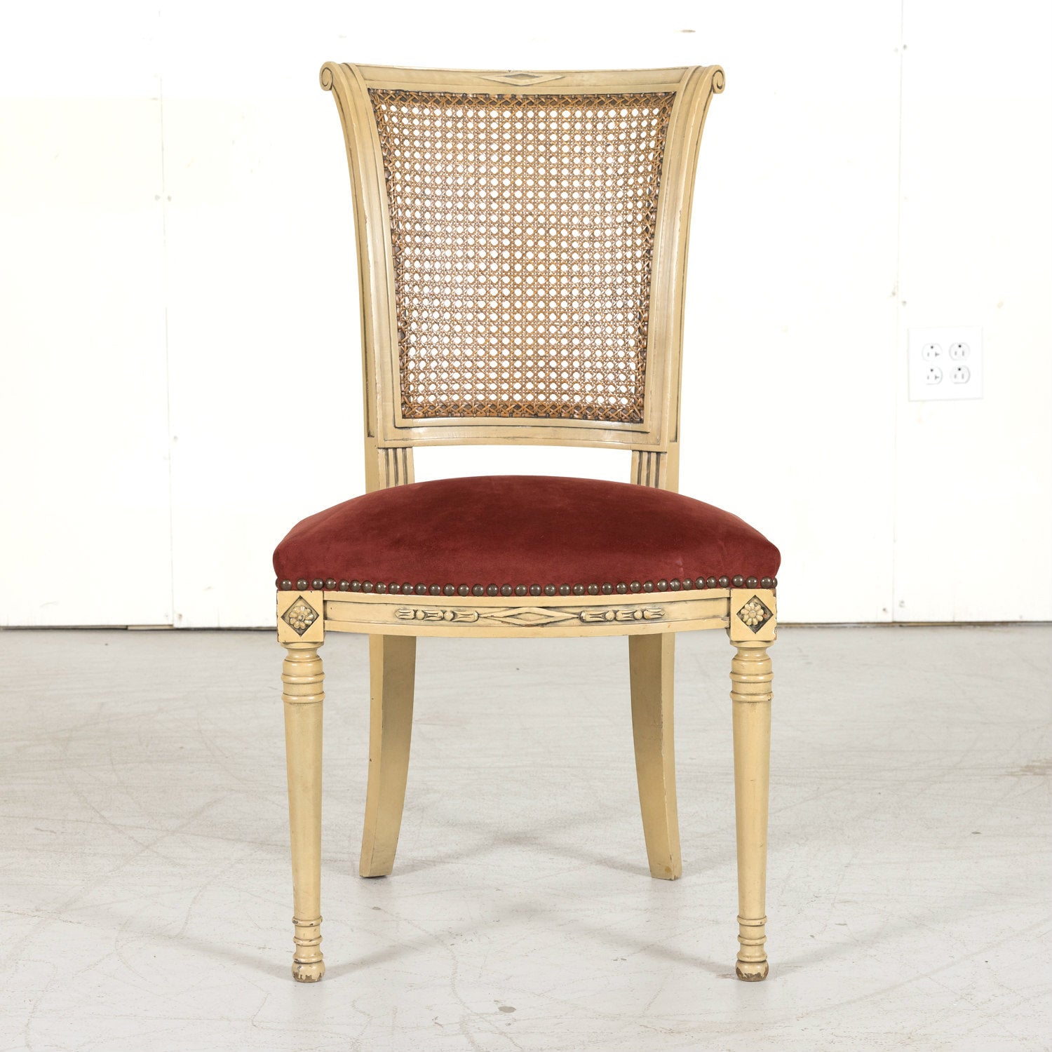 Early 20th Century French Directoire Style Painted Cane Back Dining Side Chairs, Set of 6