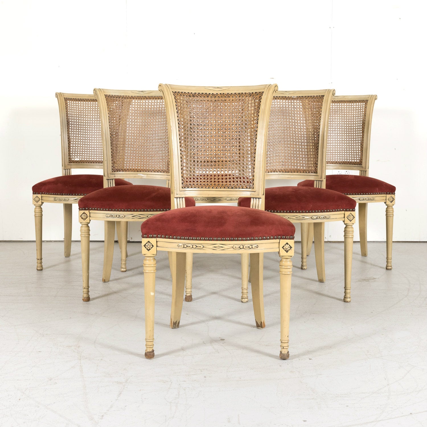 Early 20th Century French Directoire Style Painted Cane Back Dining Side Chairs, Set of 6