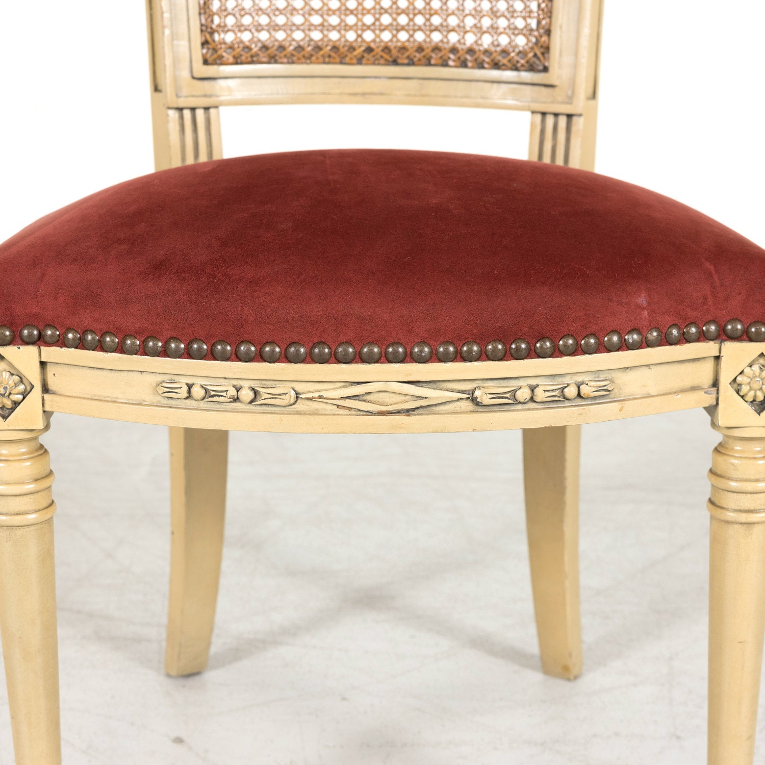 Early 20th Century French Directoire Style Painted Cane Back Dining Side Chairs, Set of 6