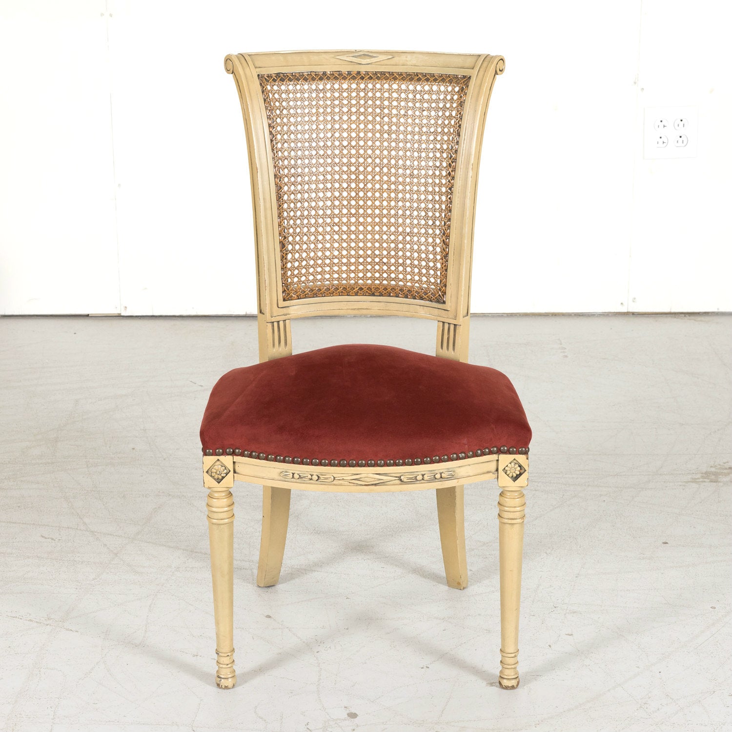 Early 20th Century French Directoire Style Painted Cane Back Dining Side Chairs, Set of 6