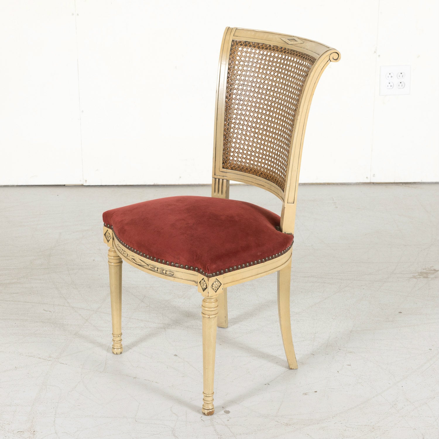 Early 20th Century French Directoire Style Painted Cane Back Dining Side Chairs, Set of 6