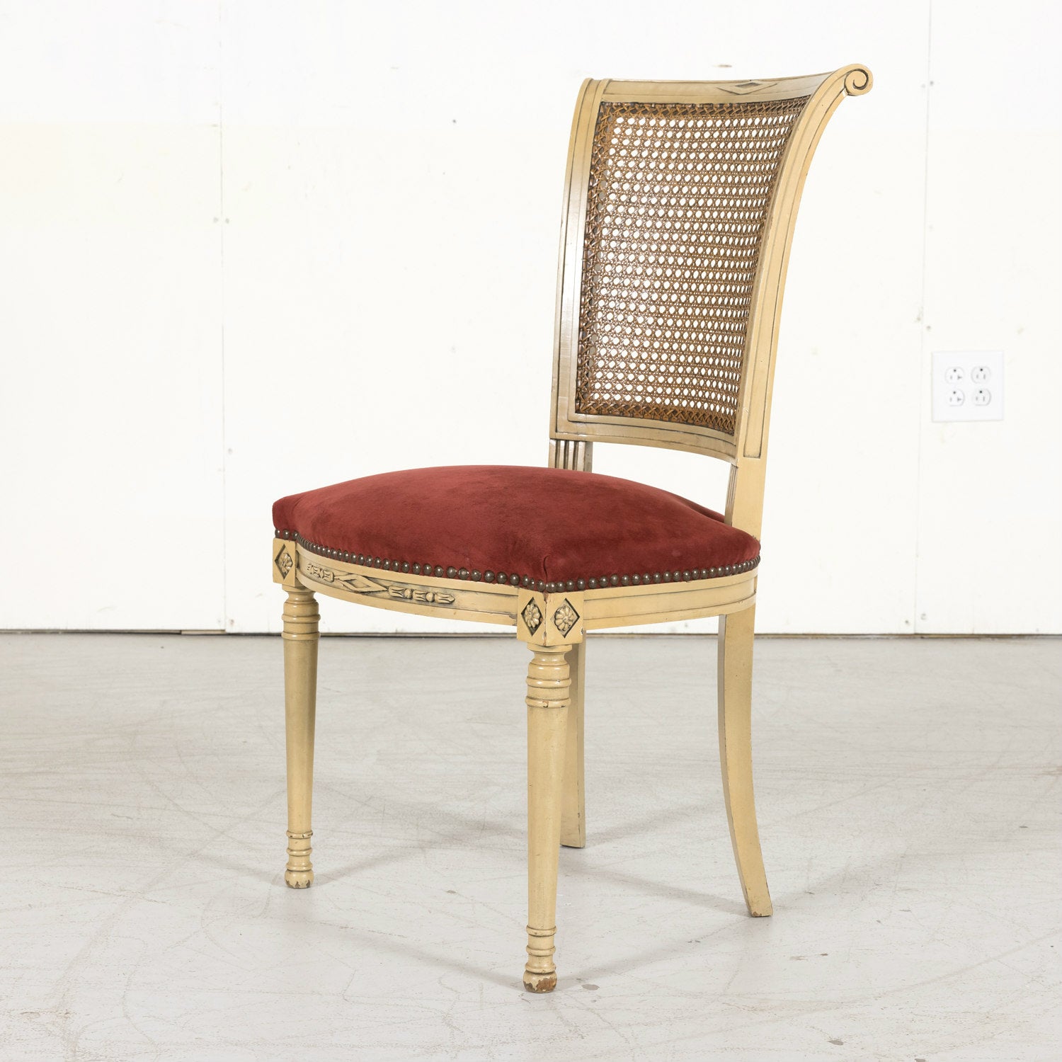 Early 20th Century French Directoire Style Painted Cane Back Dining Side Chairs, Set of 6