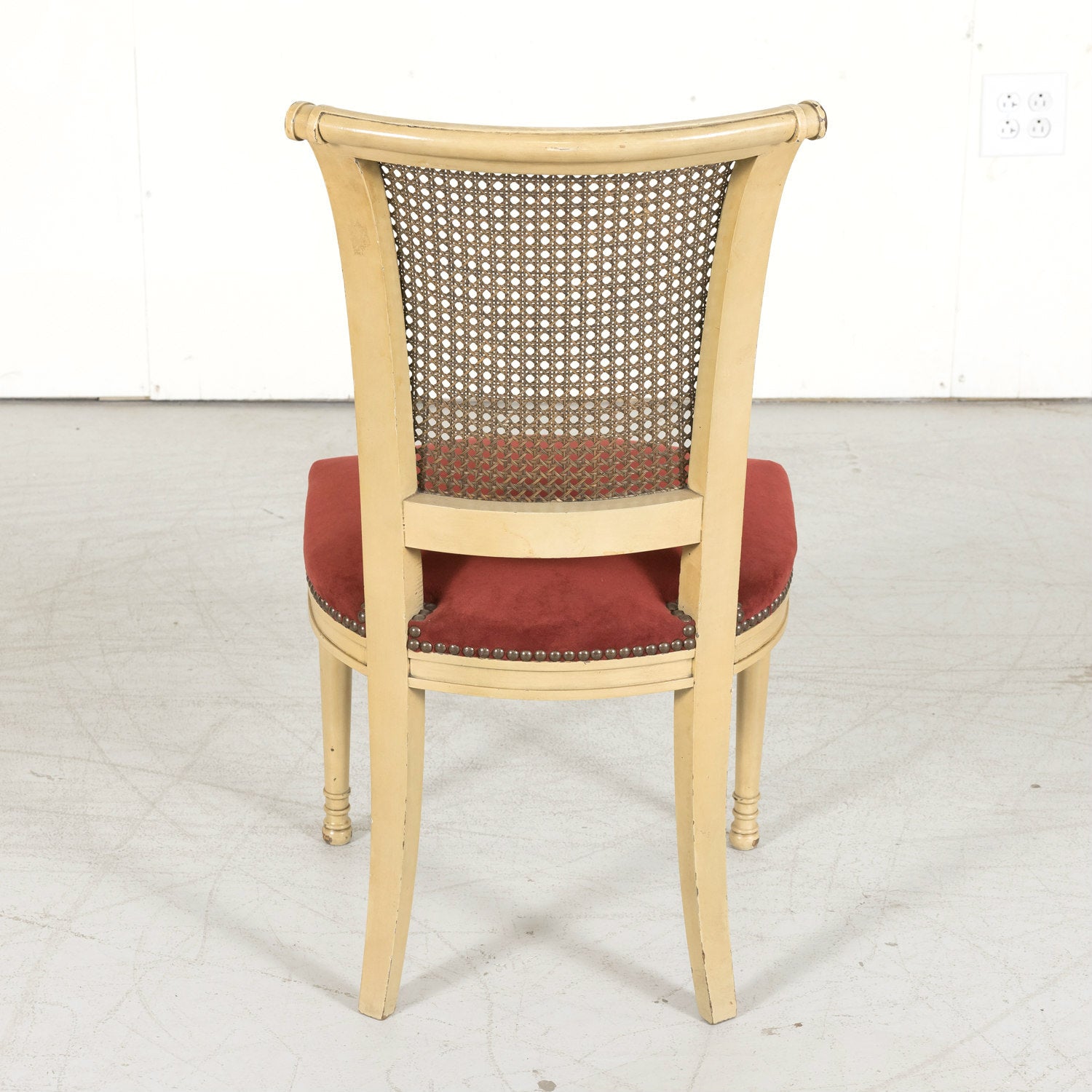 Early 20th Century French Directoire Style Painted Cane Back Dining Side Chairs, Set of 6