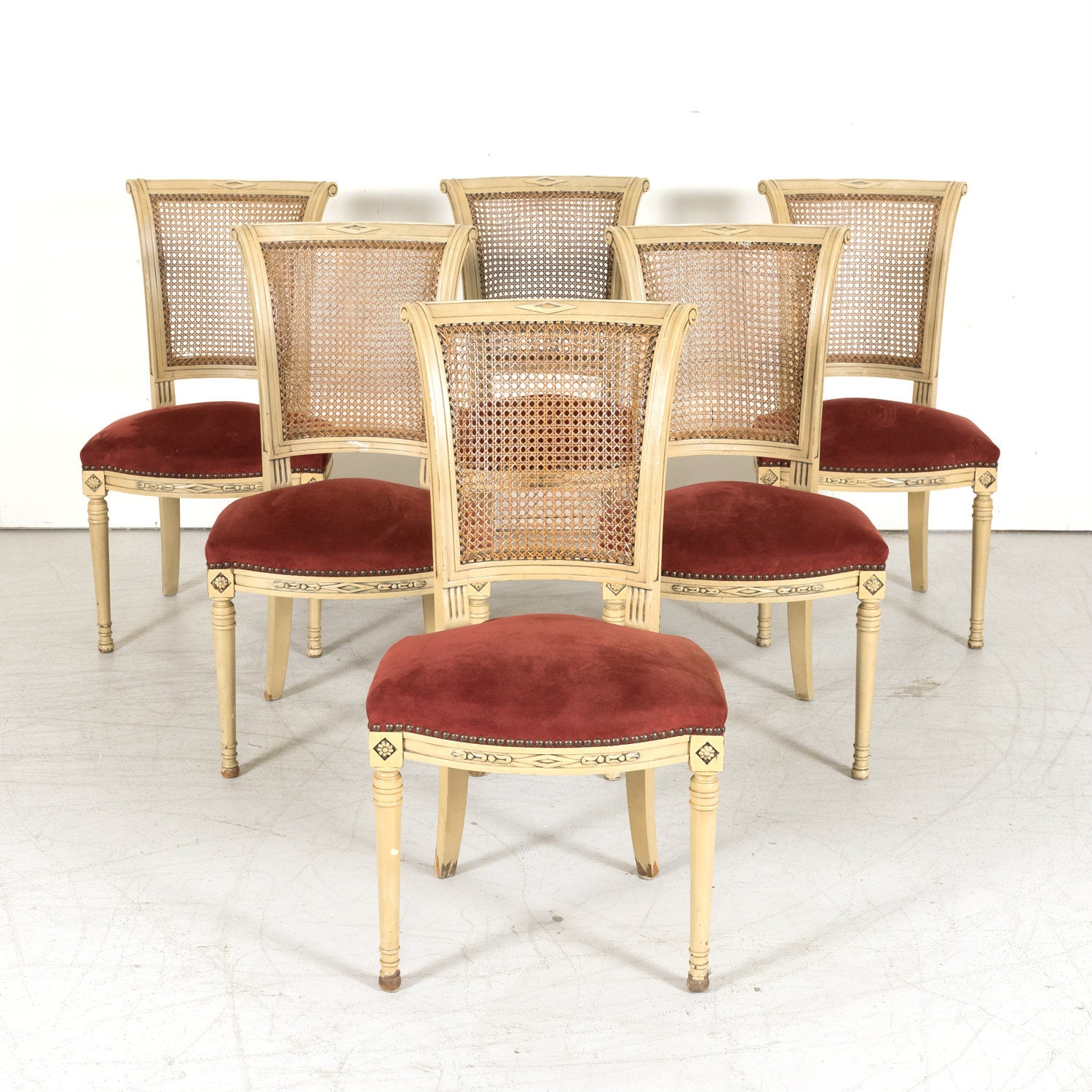 Early 20th Century French Directoire Style Painted Cane Back Dining Side Chairs, Set of 6