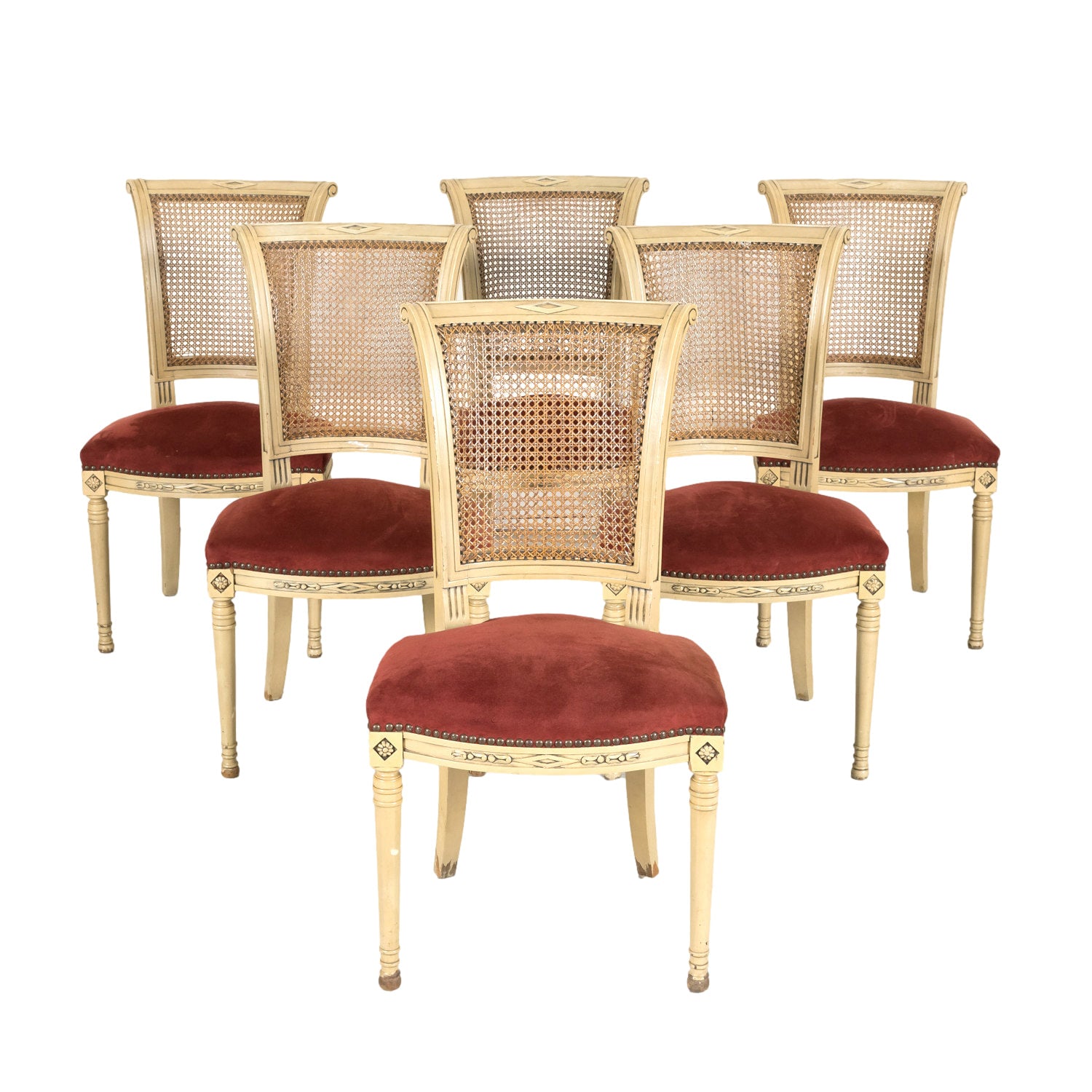 Early 20th Century French Directoire Style Painted Cane Back Dining Side Chairs, Set of 6