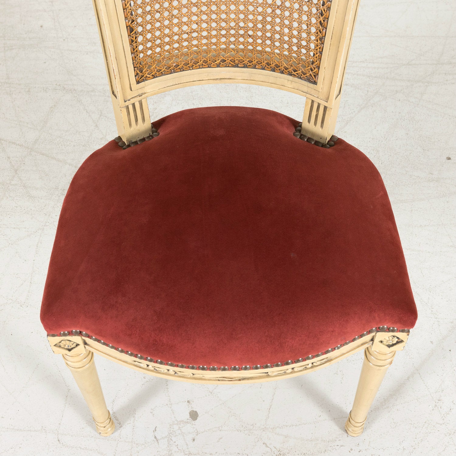 Early 20th Century French Directoire Style Painted Cane Back Dining Side Chairs, Set of 6