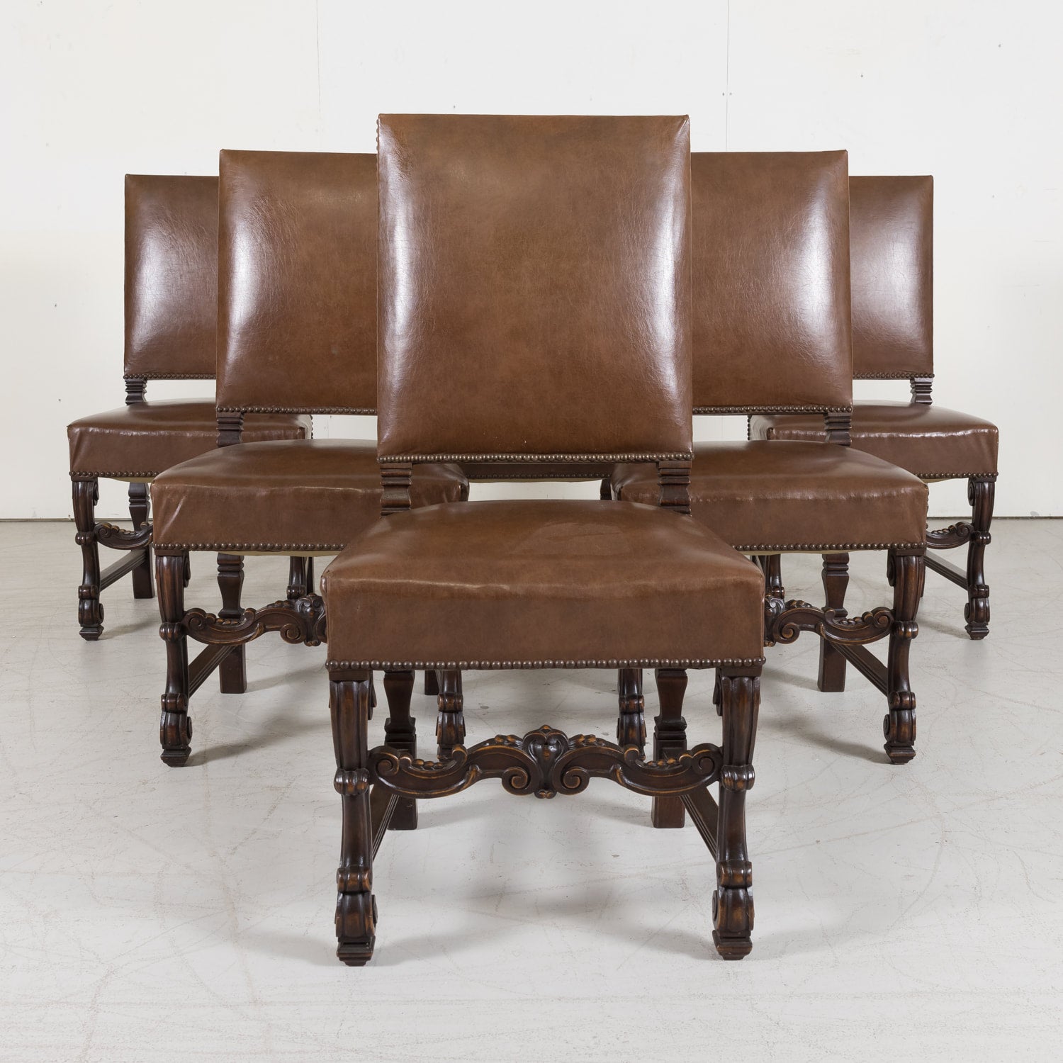Set of Six Side Louis XV Chairs made of Solid Walnut from a Hunting Lodge near Lyon, France Circa 1880s