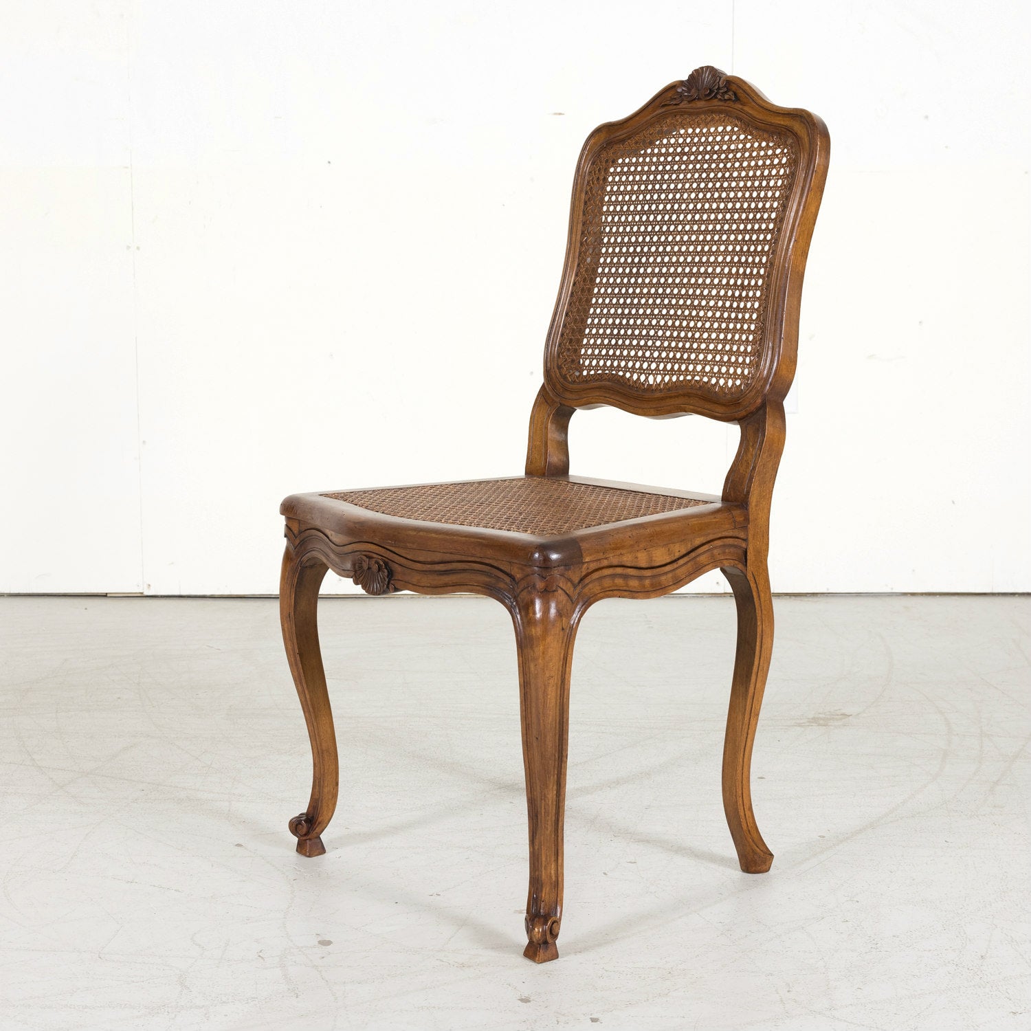 Set of 6 French Provencal Louis XV Style Cane Dining Side Chairs in Walnut