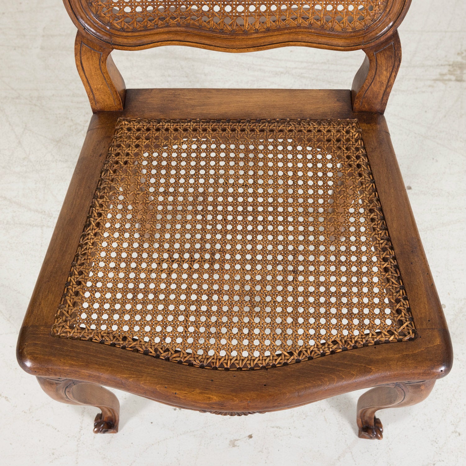 Set of 6 French Provencal Louis XV Style Cane Dining Side Chairs in Walnut