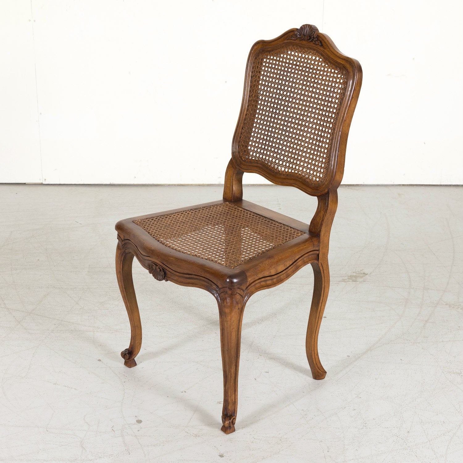 Set of 6 French Provencal Louis XV Style Cane Dining Side Chairs in Walnut