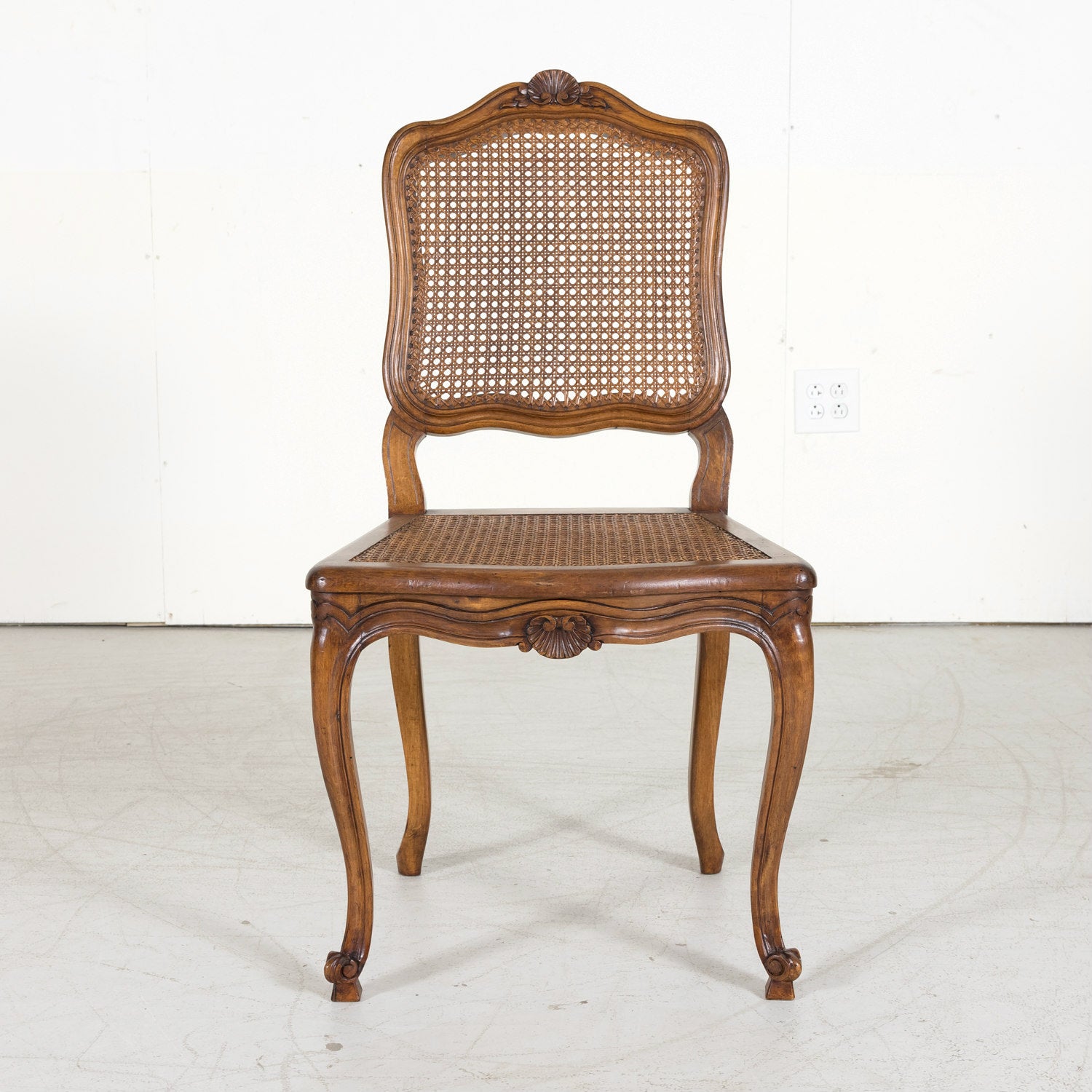 Set of 6 French Provencal Louis XV Style Cane Dining Side Chairs in Walnut