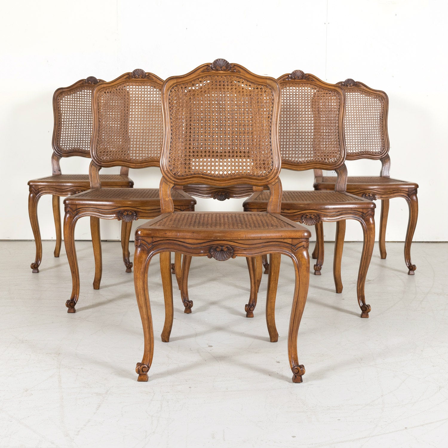 Set of 6 French Provencal Louis XV Style Cane Dining Side Chairs in Walnut
