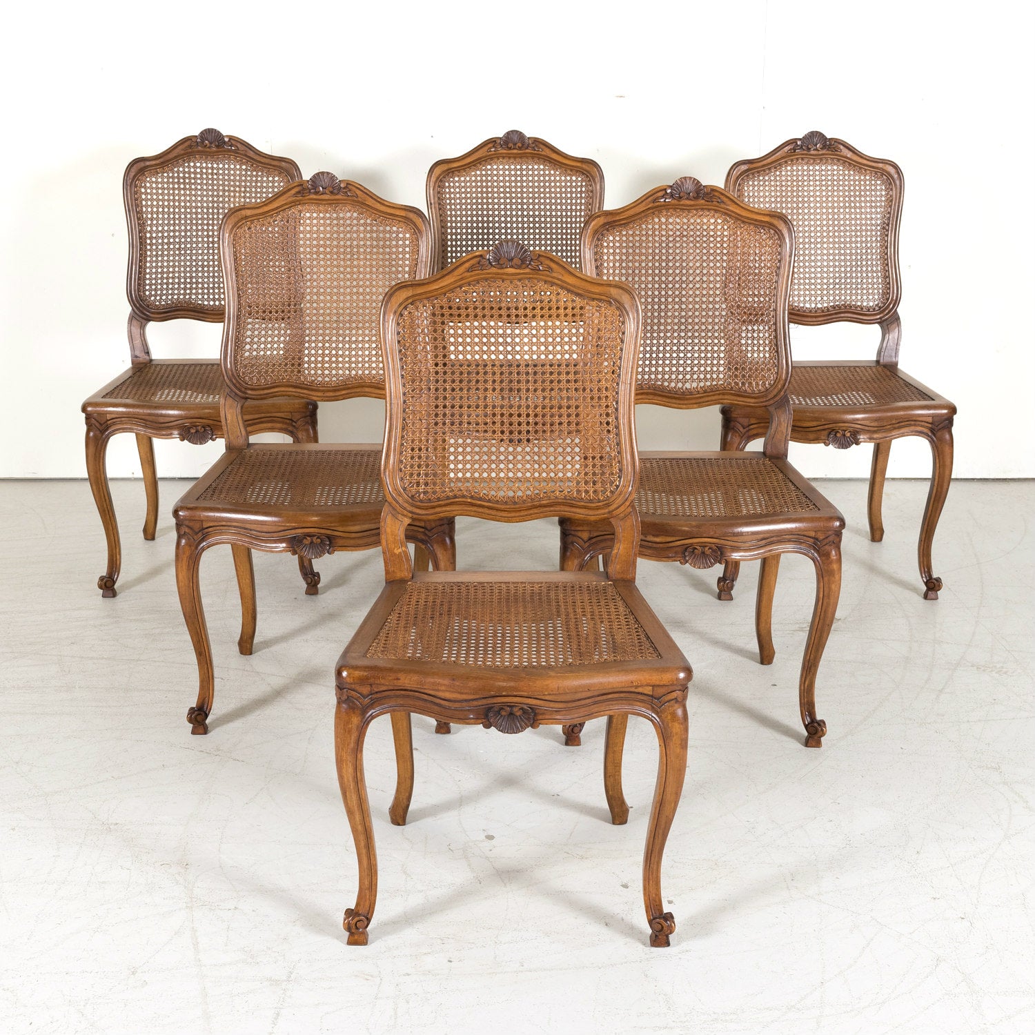 Set of 6 French Provencal Louis XV Style Cane Dining Side Chairs in Walnut