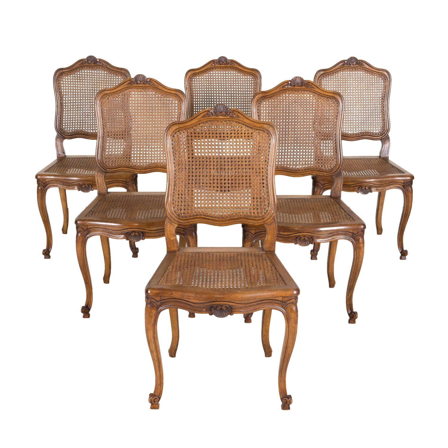 Set of 6 French Provencal Louis XV Style Cane Dining Side Chairs in Walnut