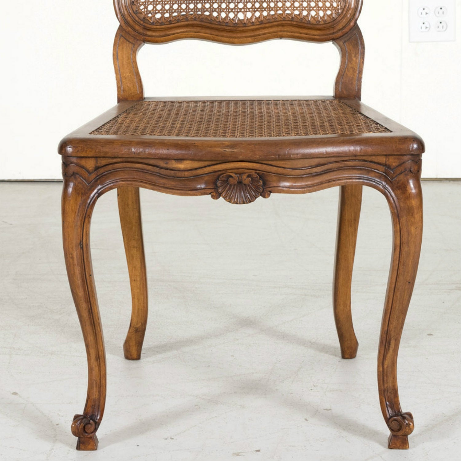 Set of 6 French Provencal Louis XV Style Cane Dining Side Chairs in Walnut