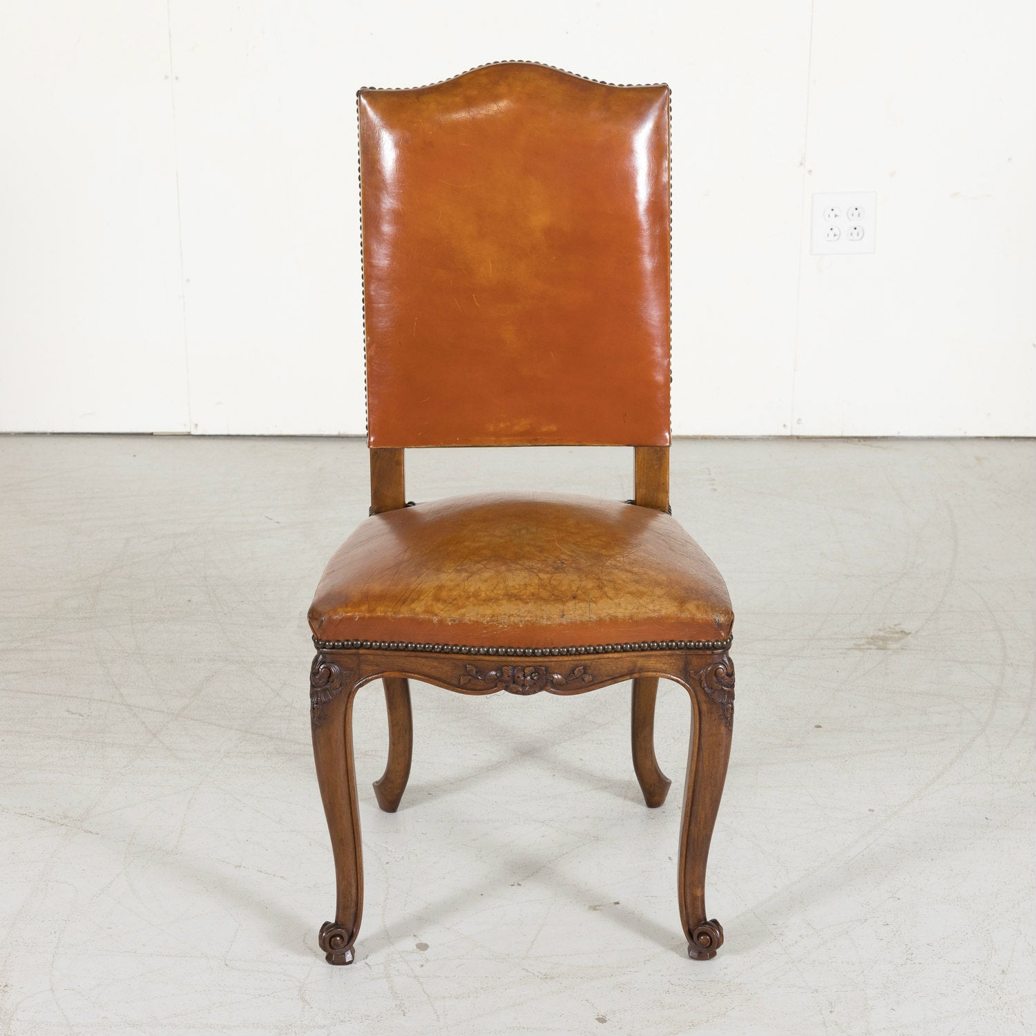 Set of 8 Early 20th Century French Louis XV Style Walnut and Leather Dining Side Chairs