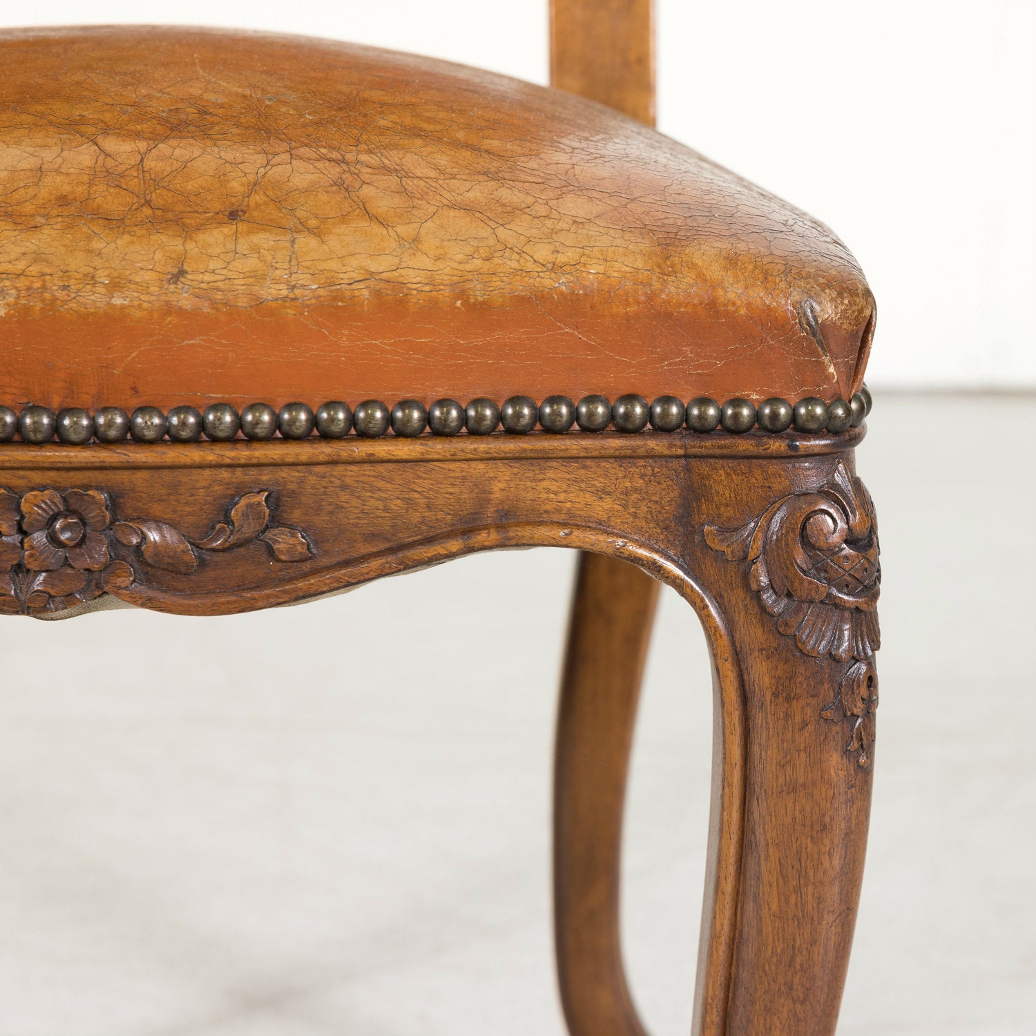 Set of 8 Early 20th Century French Louis XV Style Walnut and Leather Dining Side Chairs