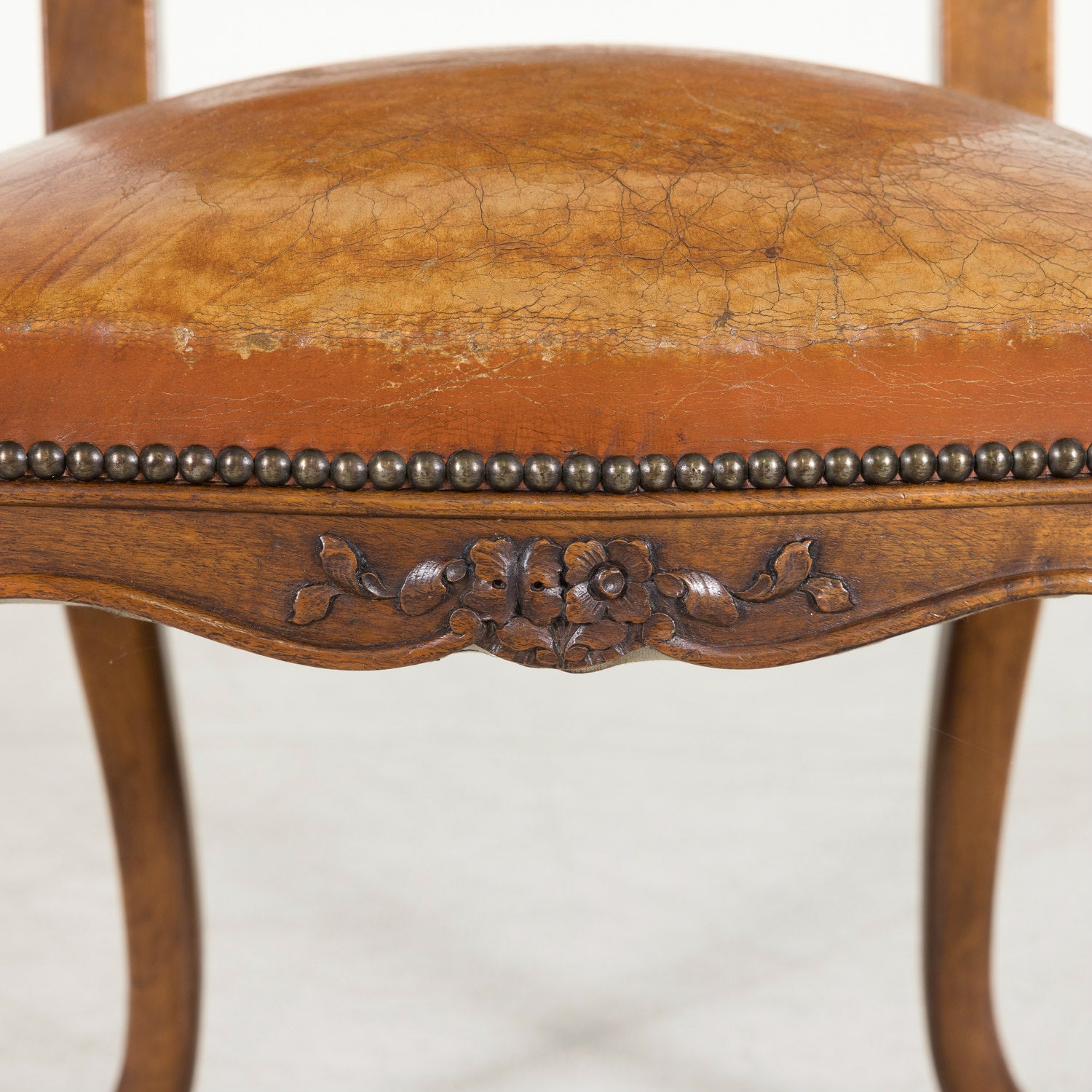 Set of 8 Early 20th Century French Louis XV Style Walnut and Leather Dining Side Chairs