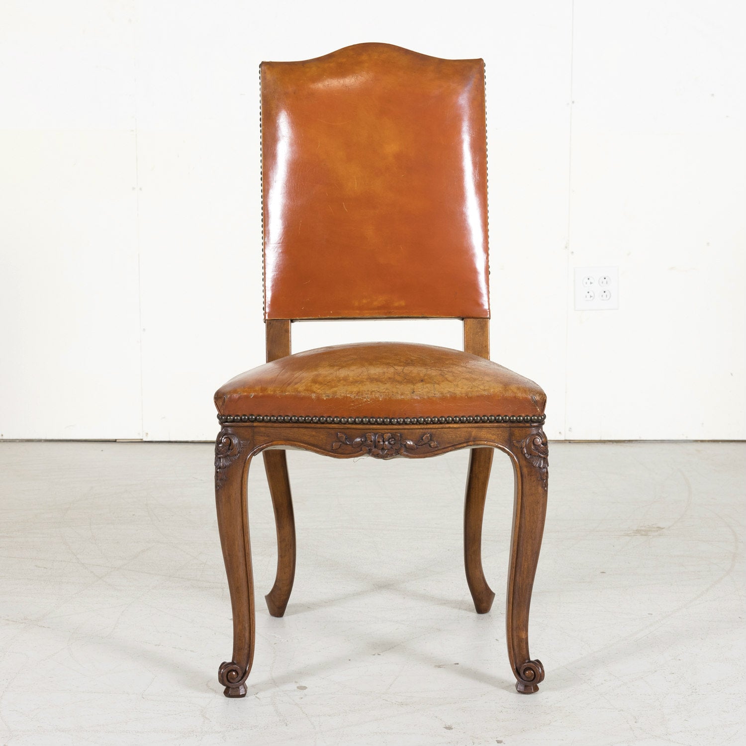 Set of 8 Early 20th Century French Louis XV Style Walnut and Leather Dining Side Chairs