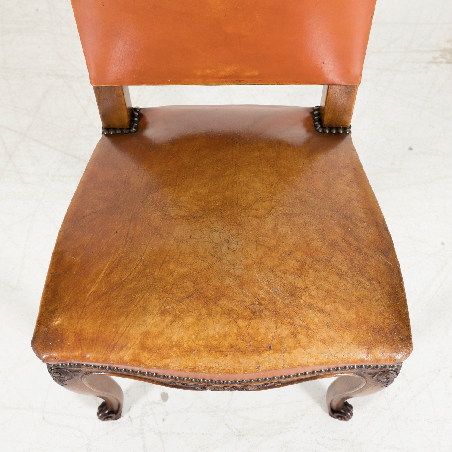 Set of 8 Early 20th Century French Louis XV Style Walnut and Leather Dining Side Chairs